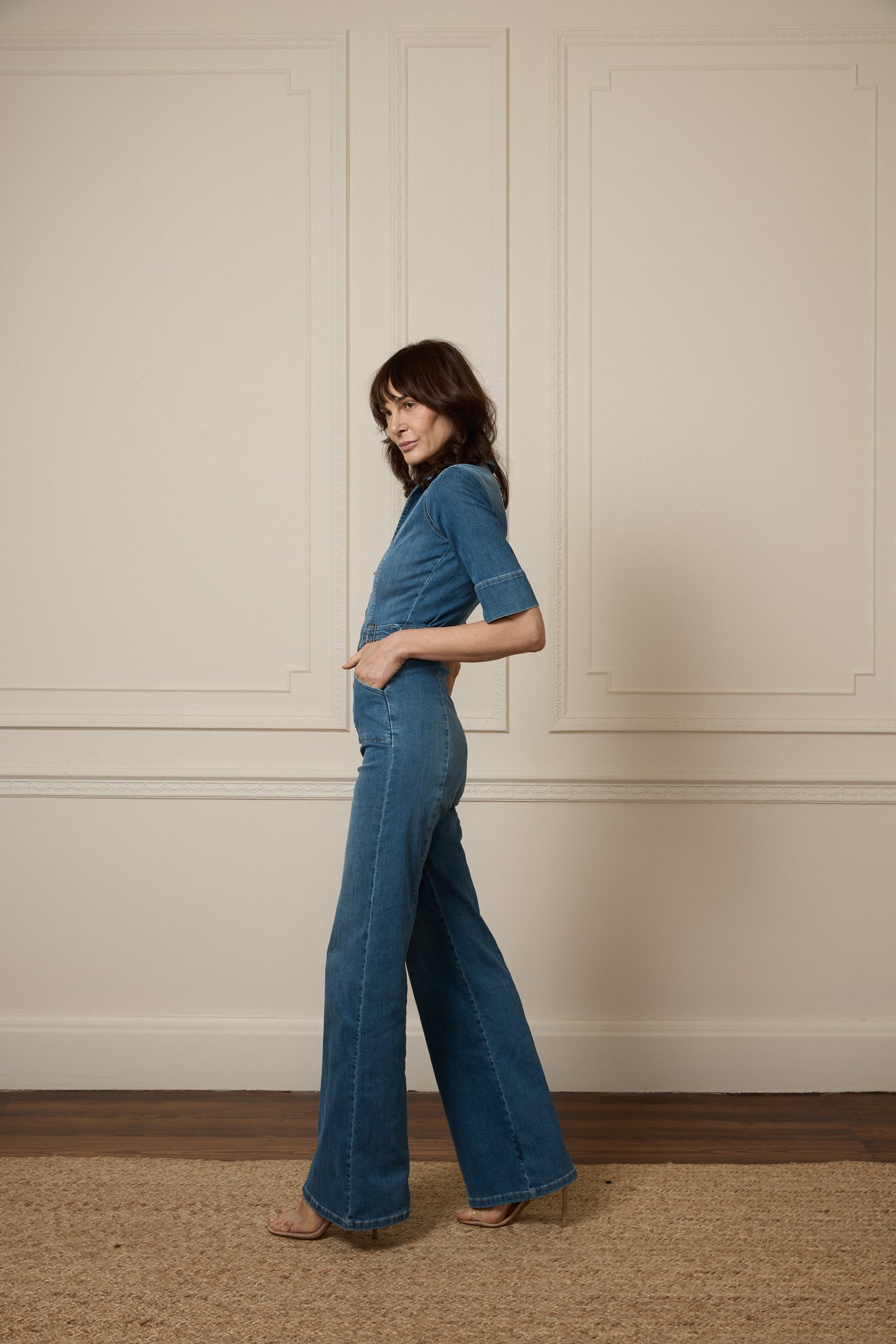 flared jumpsuit denim blue flattering cassandra