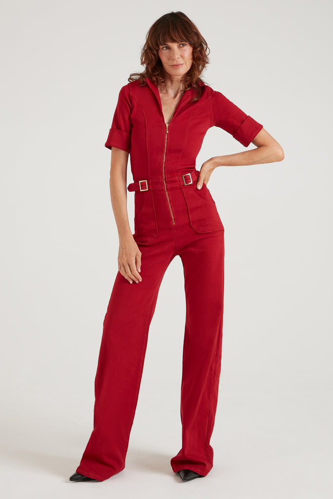 Cassandra The Flared Jumpsuit Bleeding Heart [Red Denim
