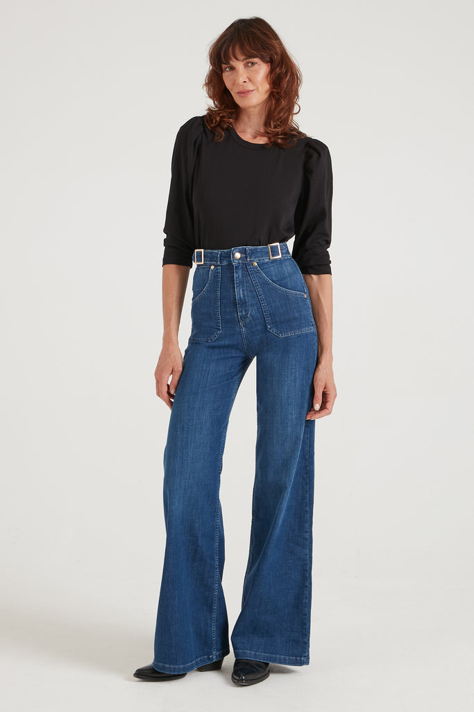 Minnie The Full Length Wide Leg Flared Jeans Mid Wash – Donna Ida