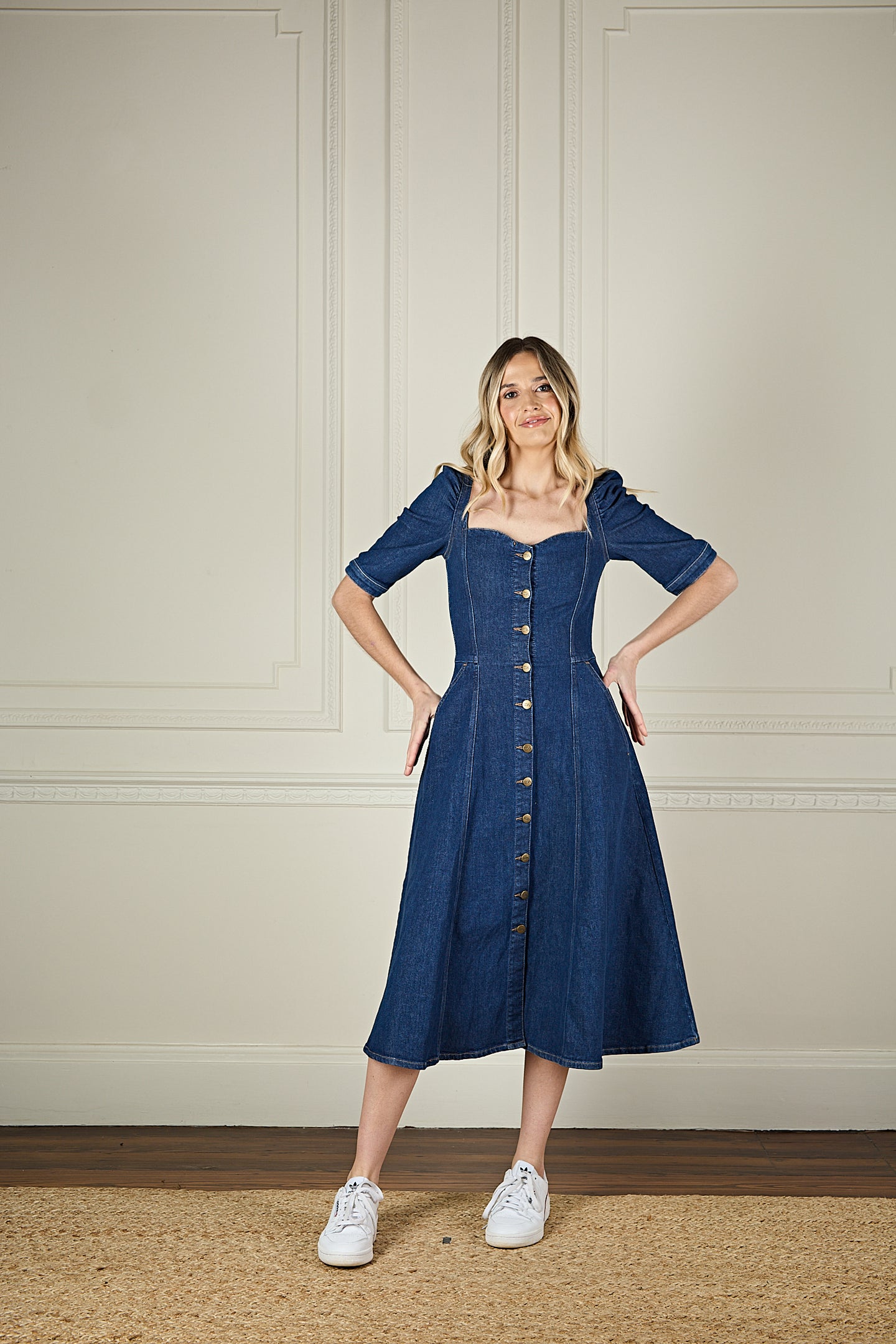 Elena The Princess Cut Button Through Dress | Smarter Than You [Blue Denim]
