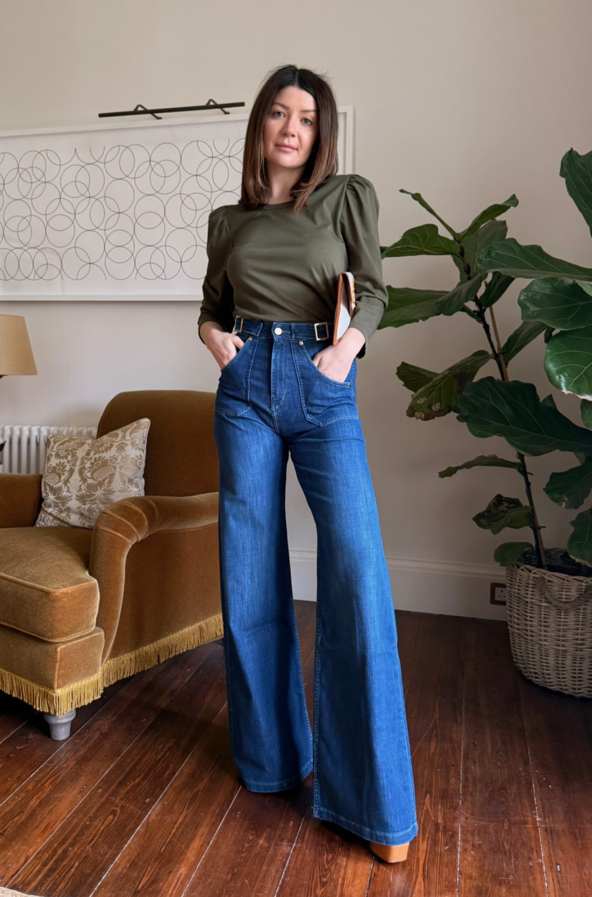 full length wide leg jeans mid wash blue denim gold buckles minnie