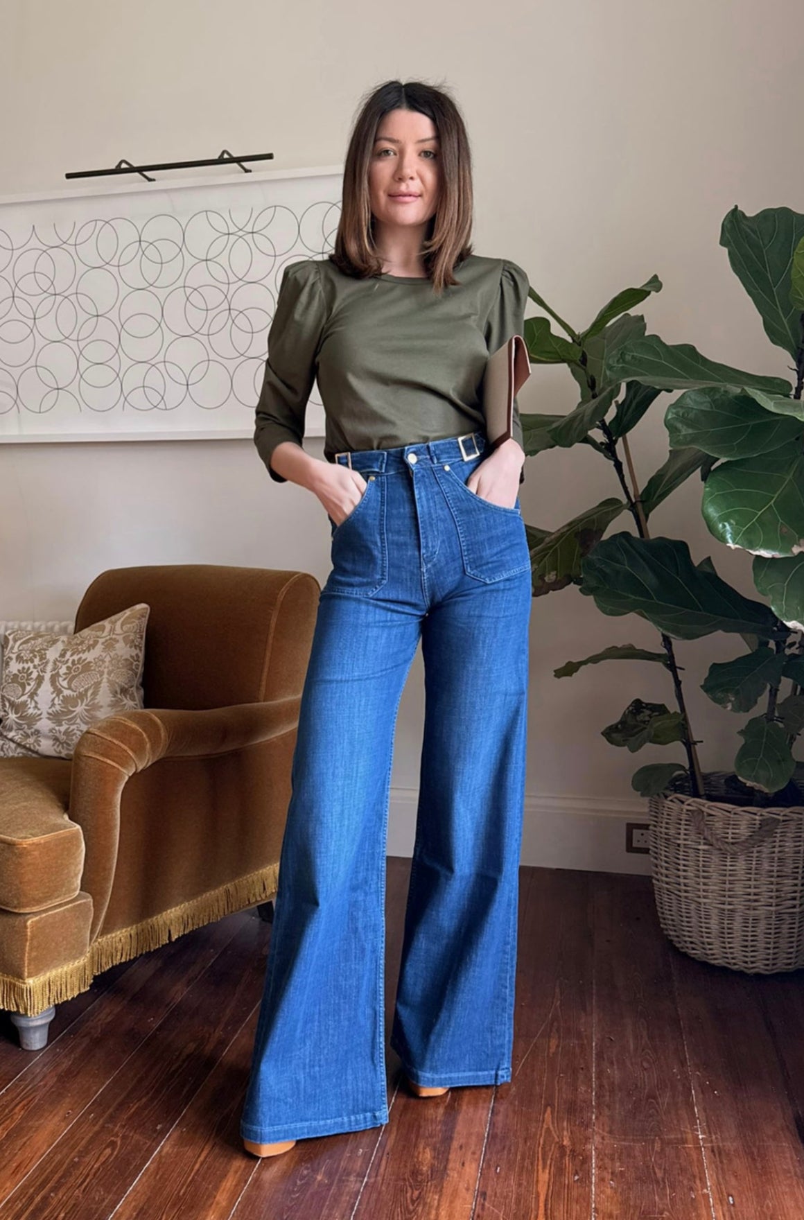 full length wide leg jeans mid wash blue denim gold buckles minnie