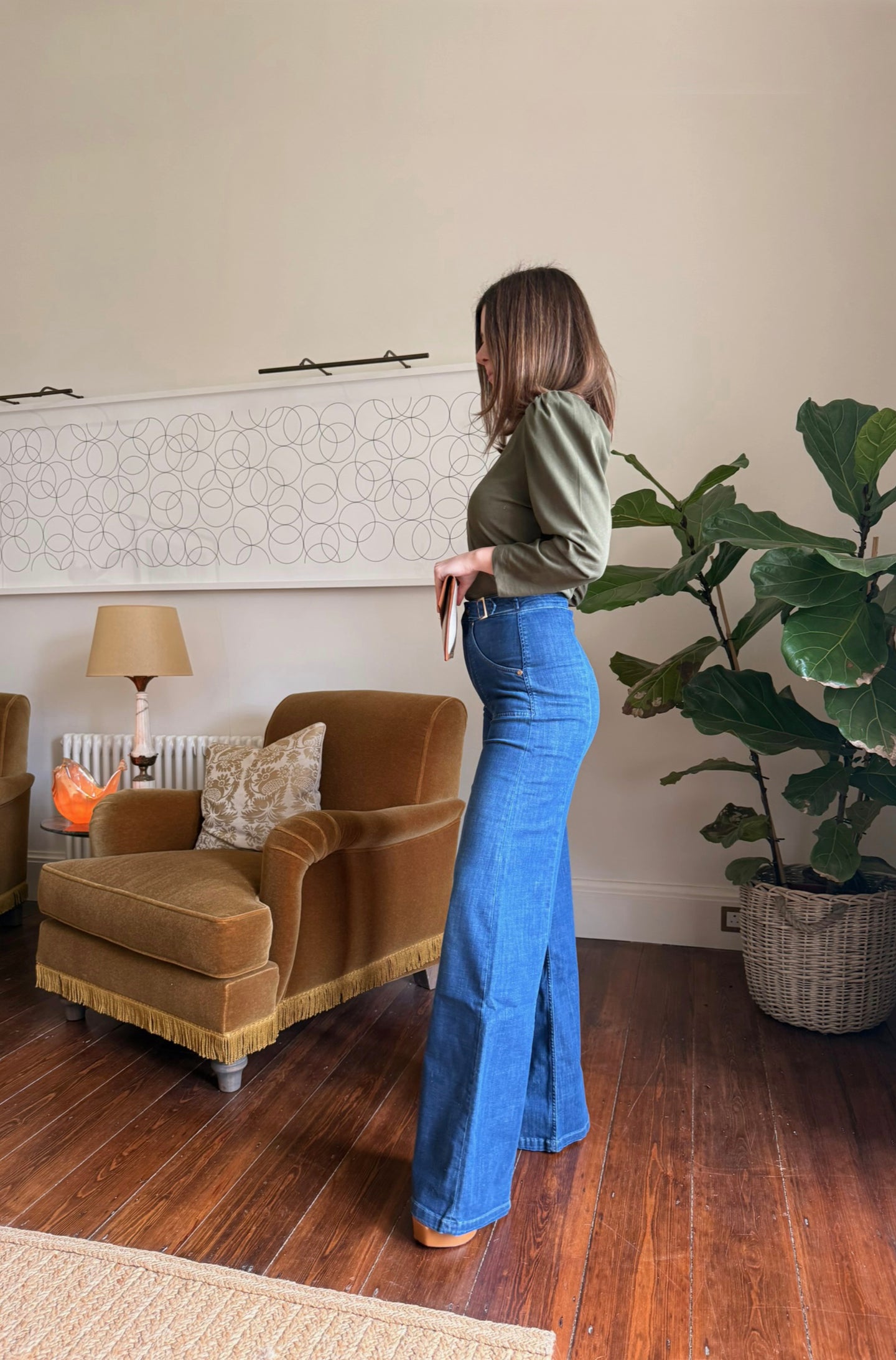 full length wide leg jeans mid wash blue denim gold buckles minnie