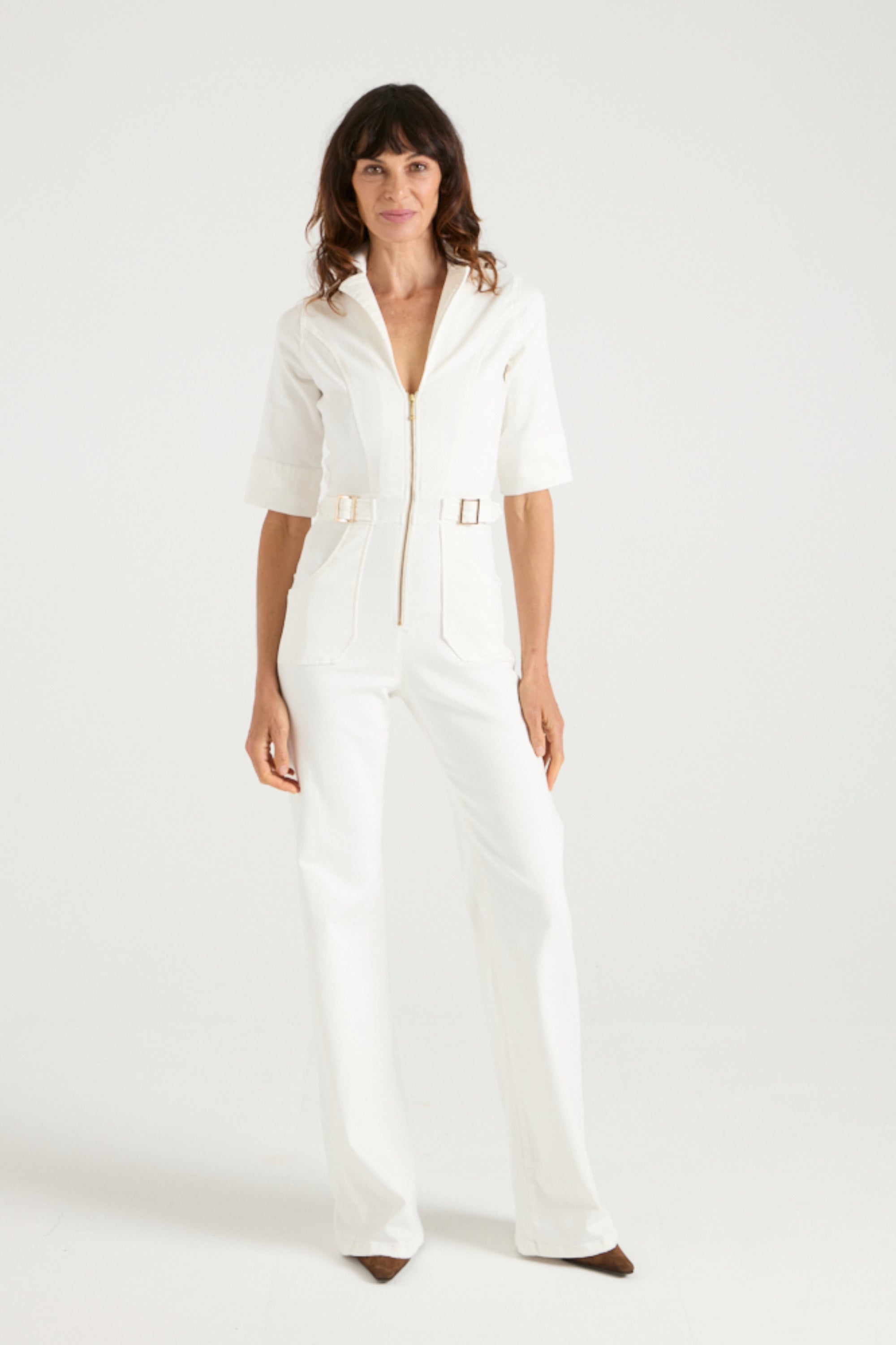 Cassandra The Extra Body Length Flared Jumpsuit | Milk [White Denim]