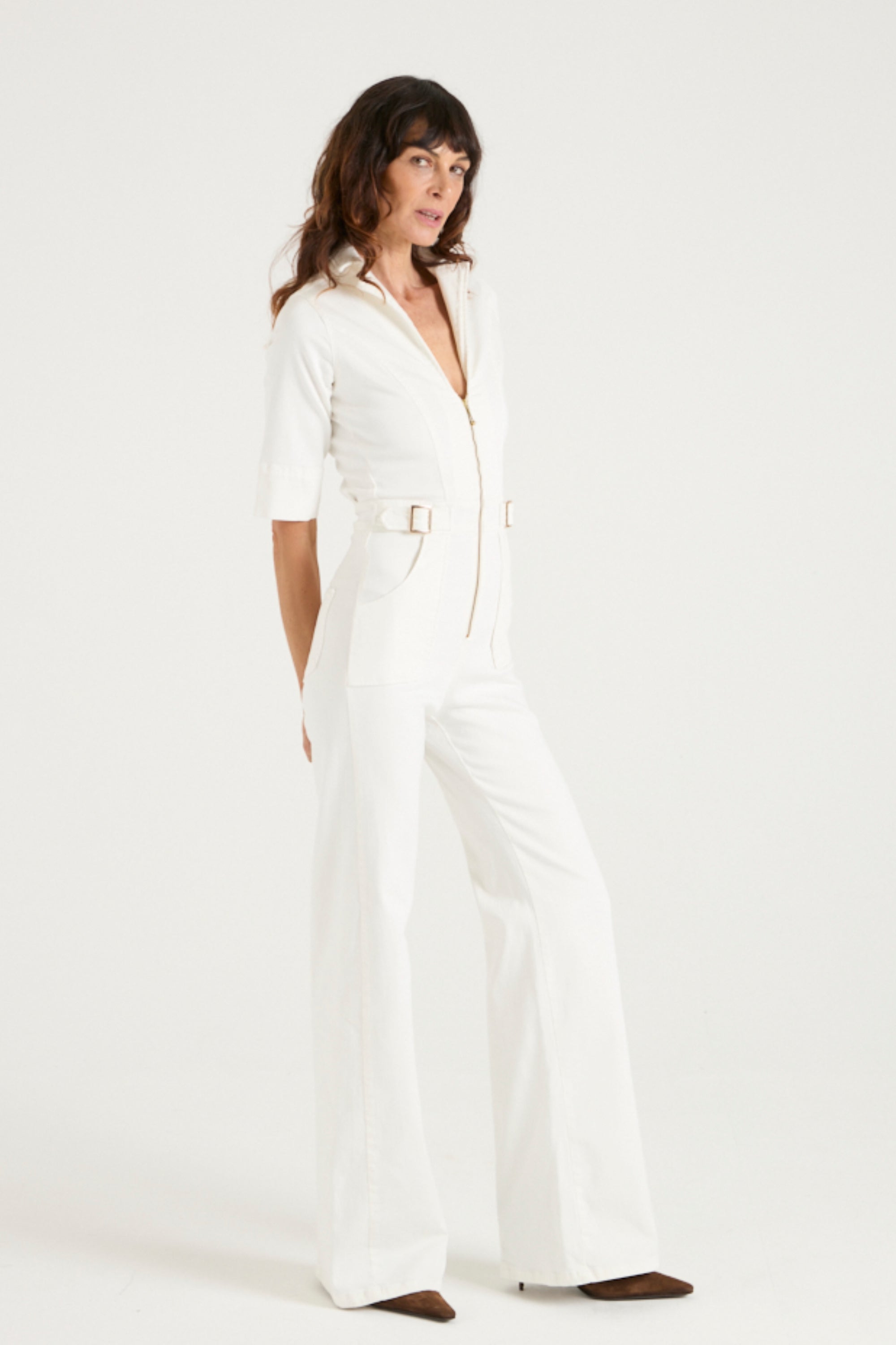 Cassandra The Extra Body Length Flared Jumpsuit | Milk [White Denim]