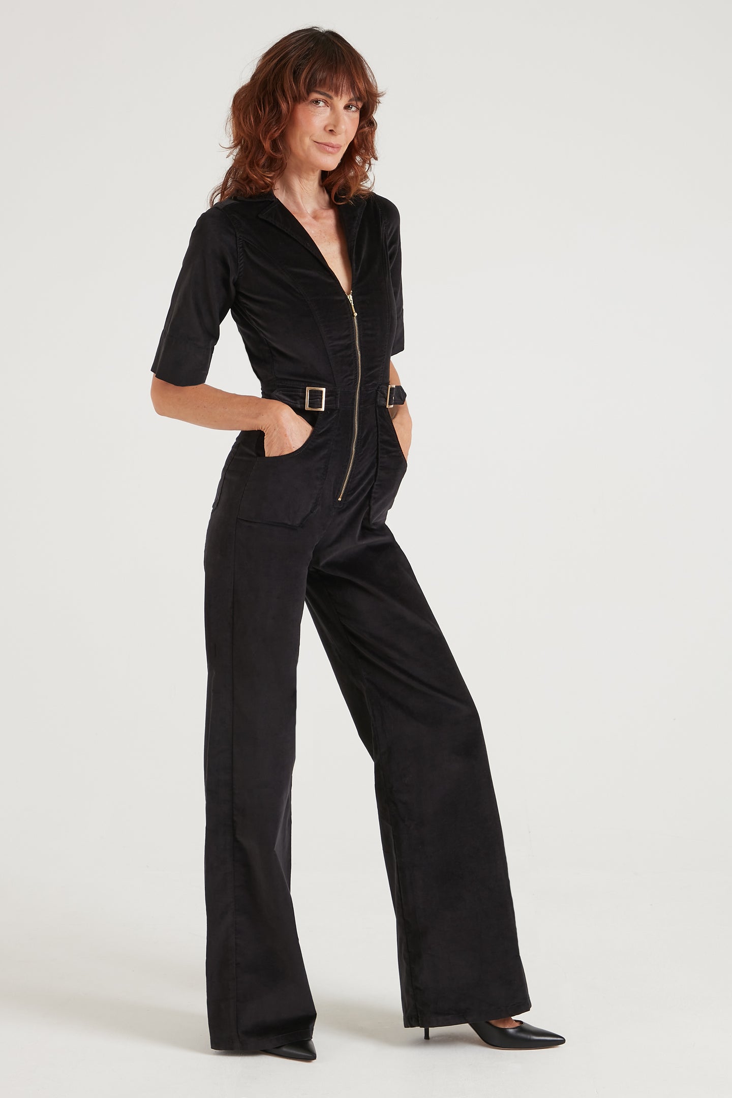 Cassandra The Extra Body Length Flared Jumpsuit | Noir Velvet [Black]