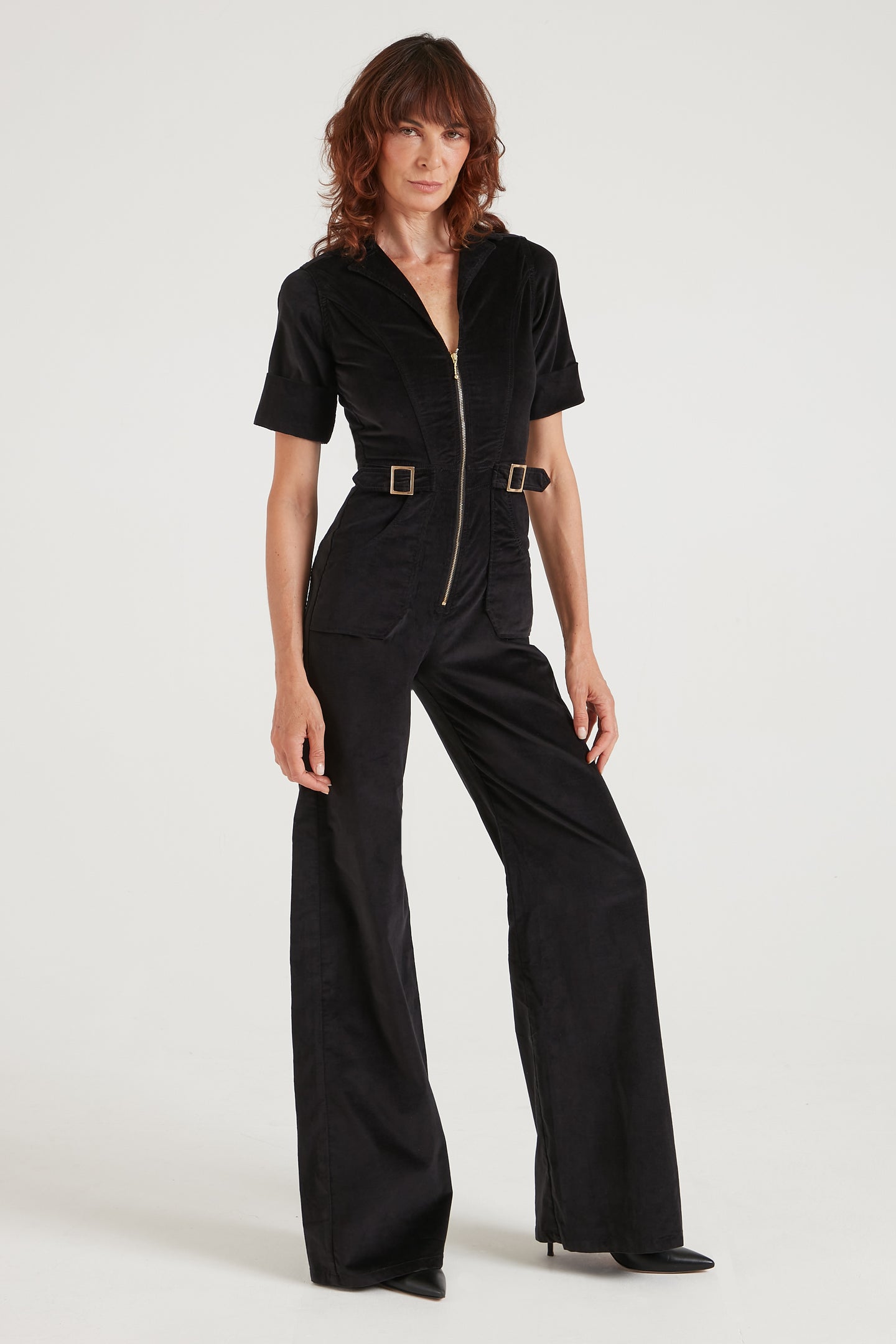 Cassandra The Extra Body Length Flared Jumpsuit | Noir Velvet [Black]