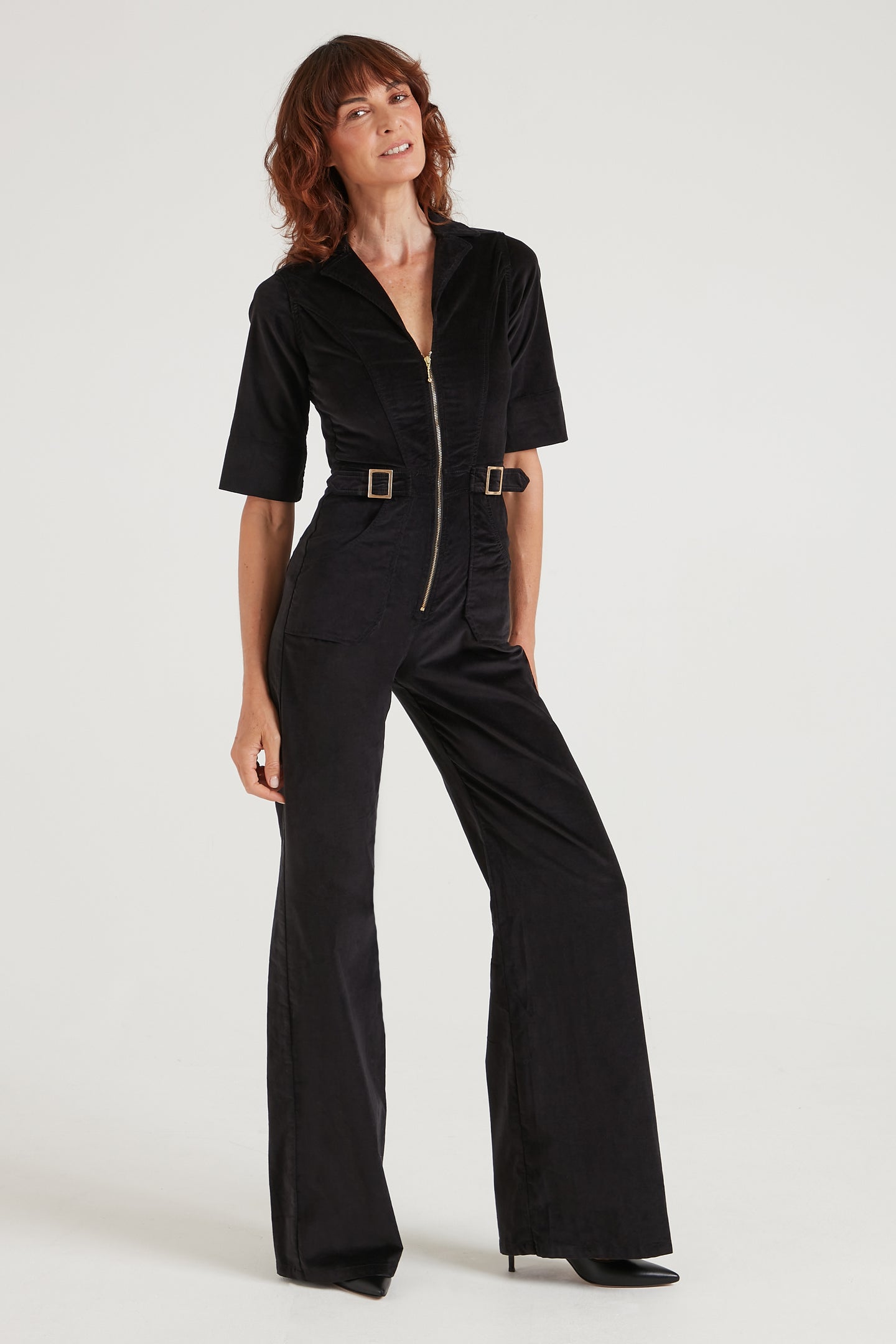 Cassandra The Extra Body Length Flared Jumpsuit | Noir Velvet [Black]