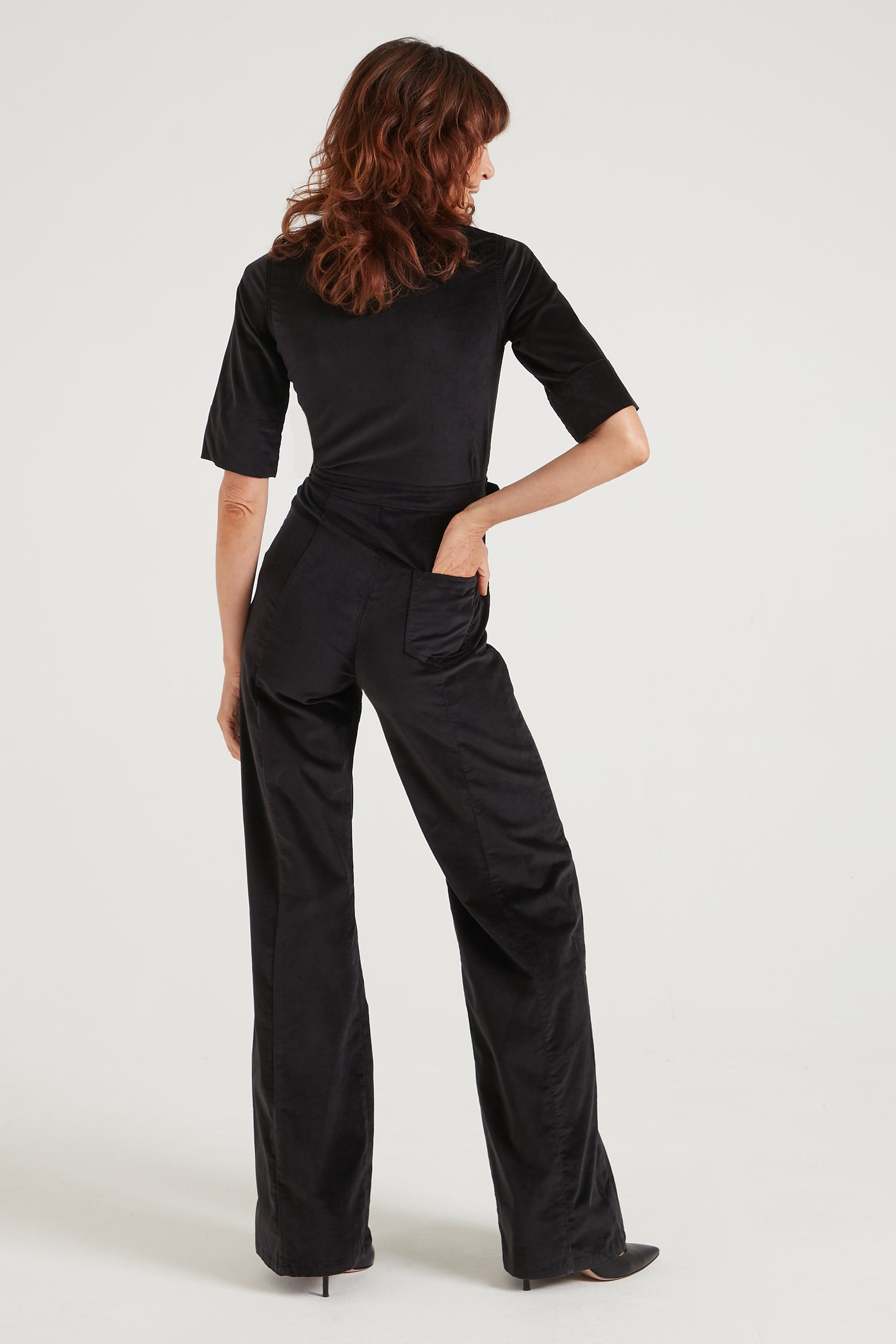 Cassandra The Extra Body Length Flared Jumpsuit | Noir Velvet [Black]