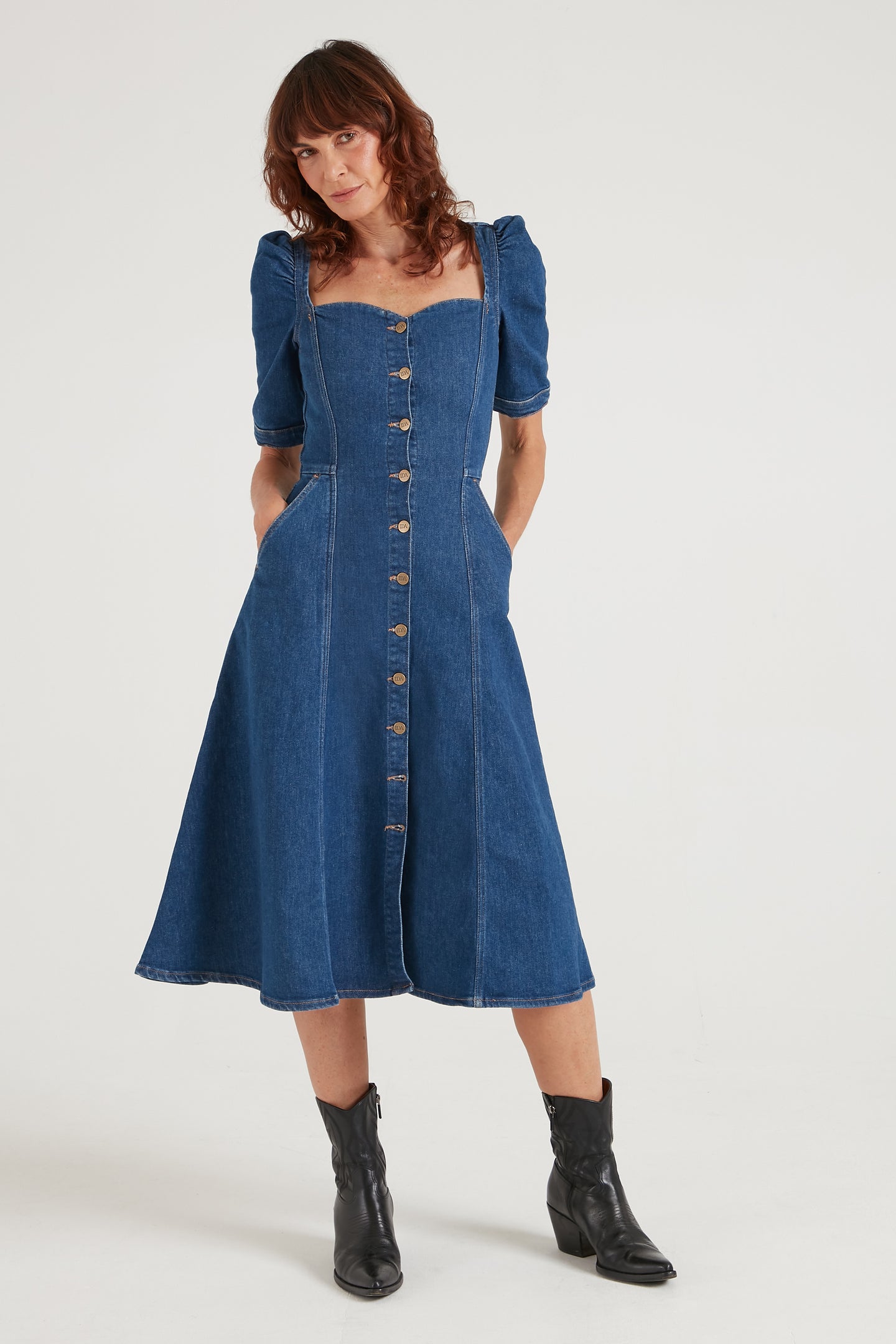 Elena The Princess Cut Button Through Dress | Smarter Than You [Blue Denim]