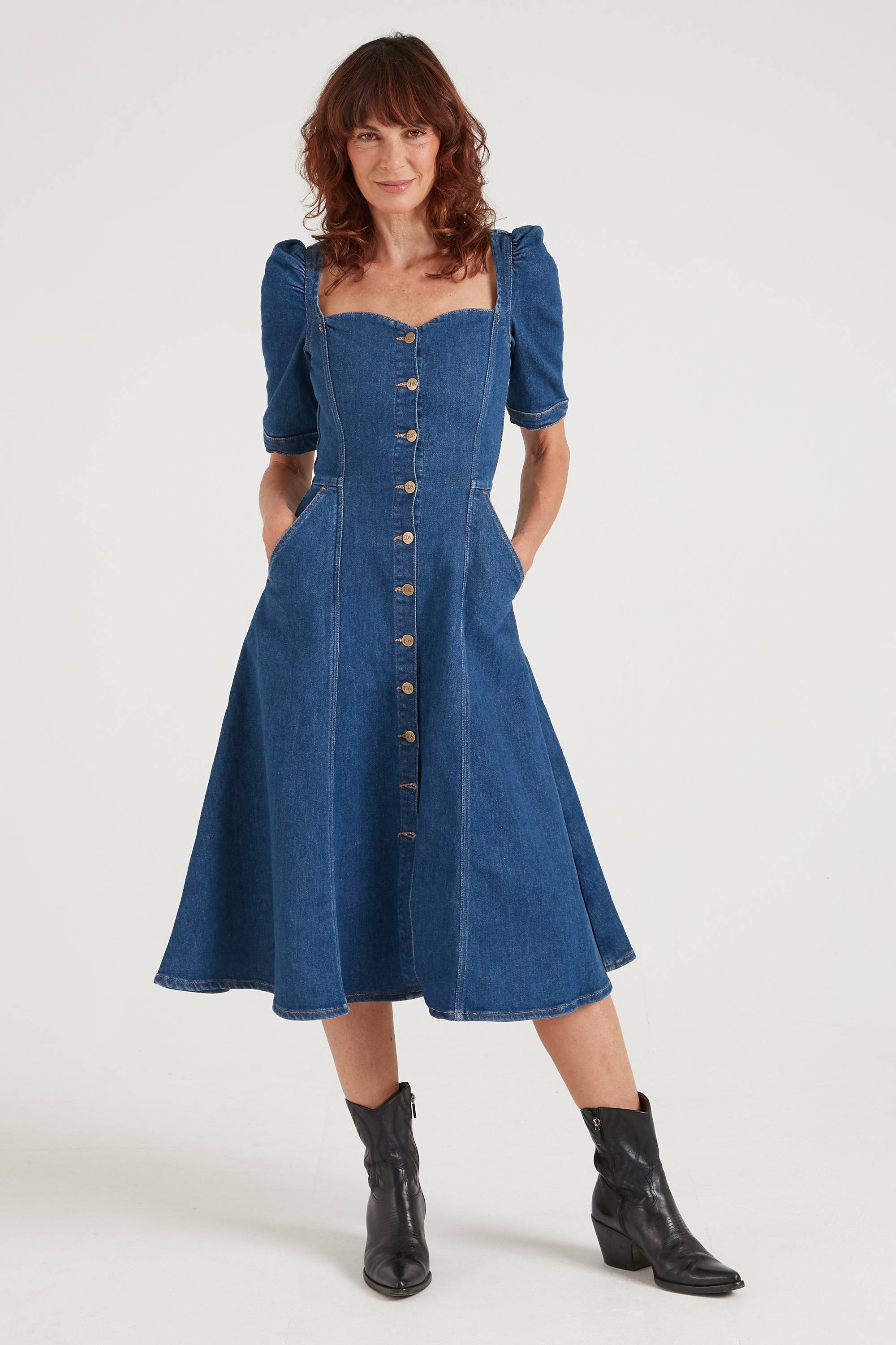 Elena The Princess Cut Button Through Dress | Smarter Than You [Blue Denim]