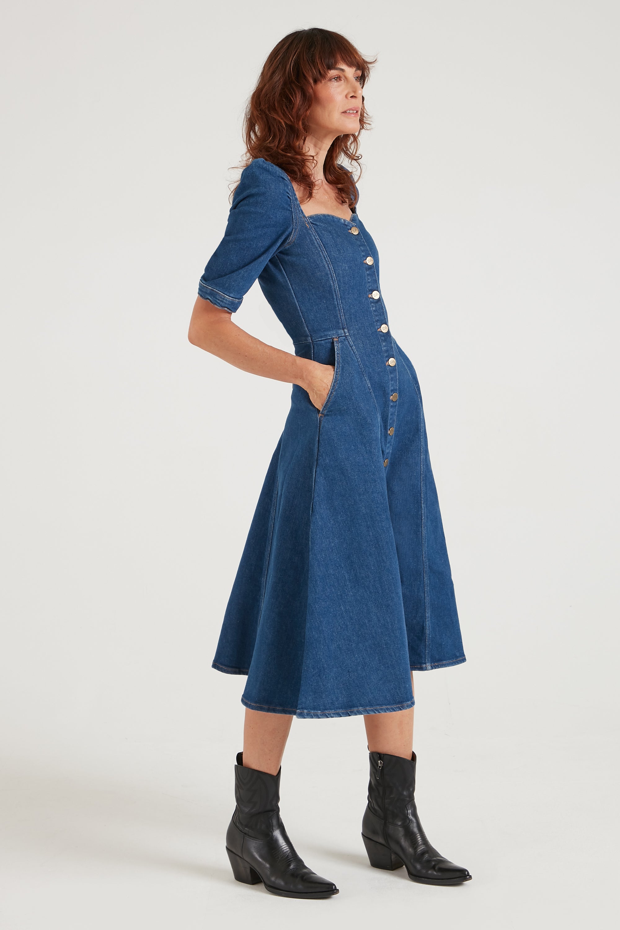 Elena The Princess Cut Button Through Dress | Smarter Than You [Blue Denim]
