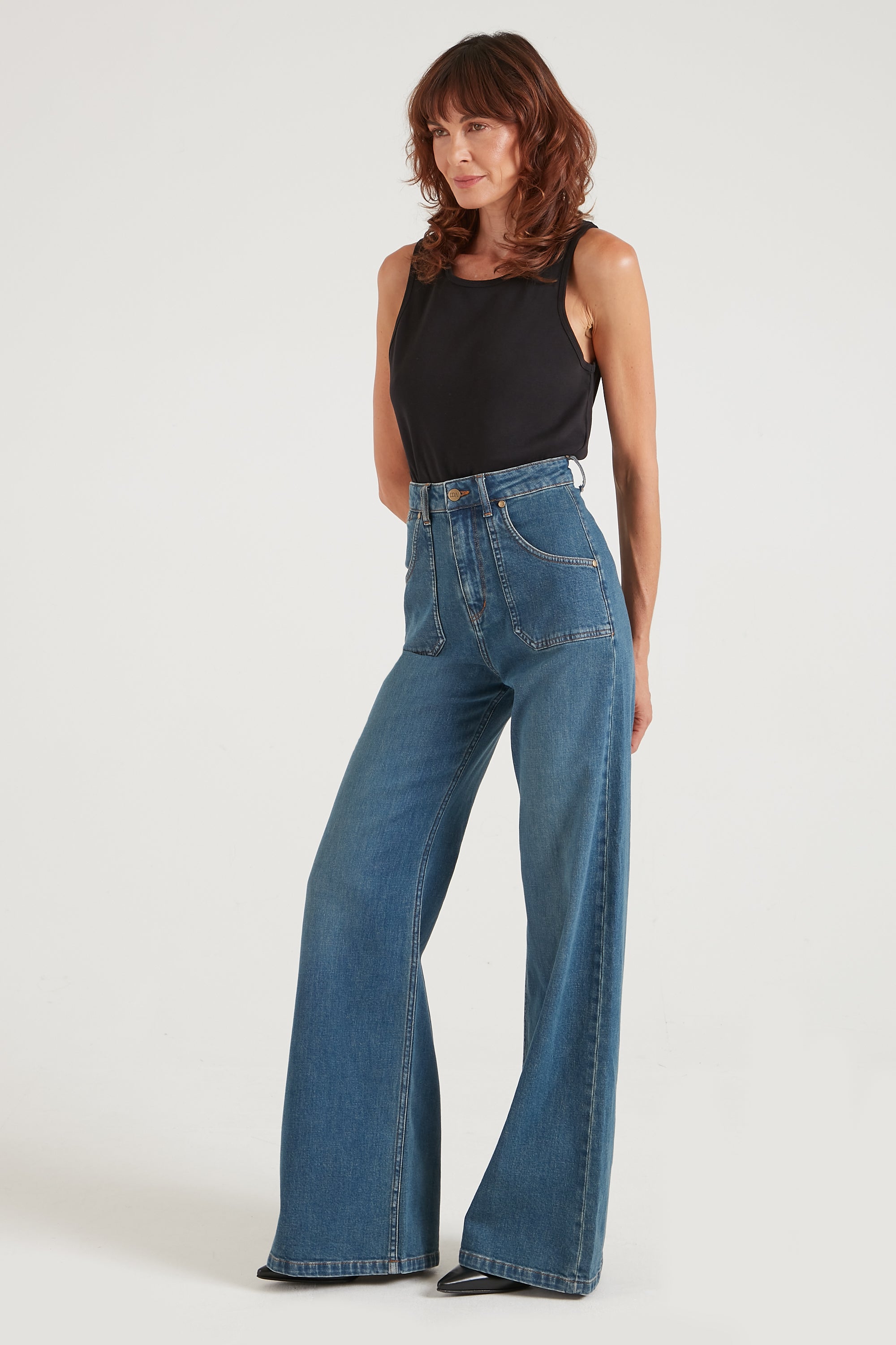 Emilia The Patch Pocket Super Wide Leg Flare | Triggered [Blue Denim]