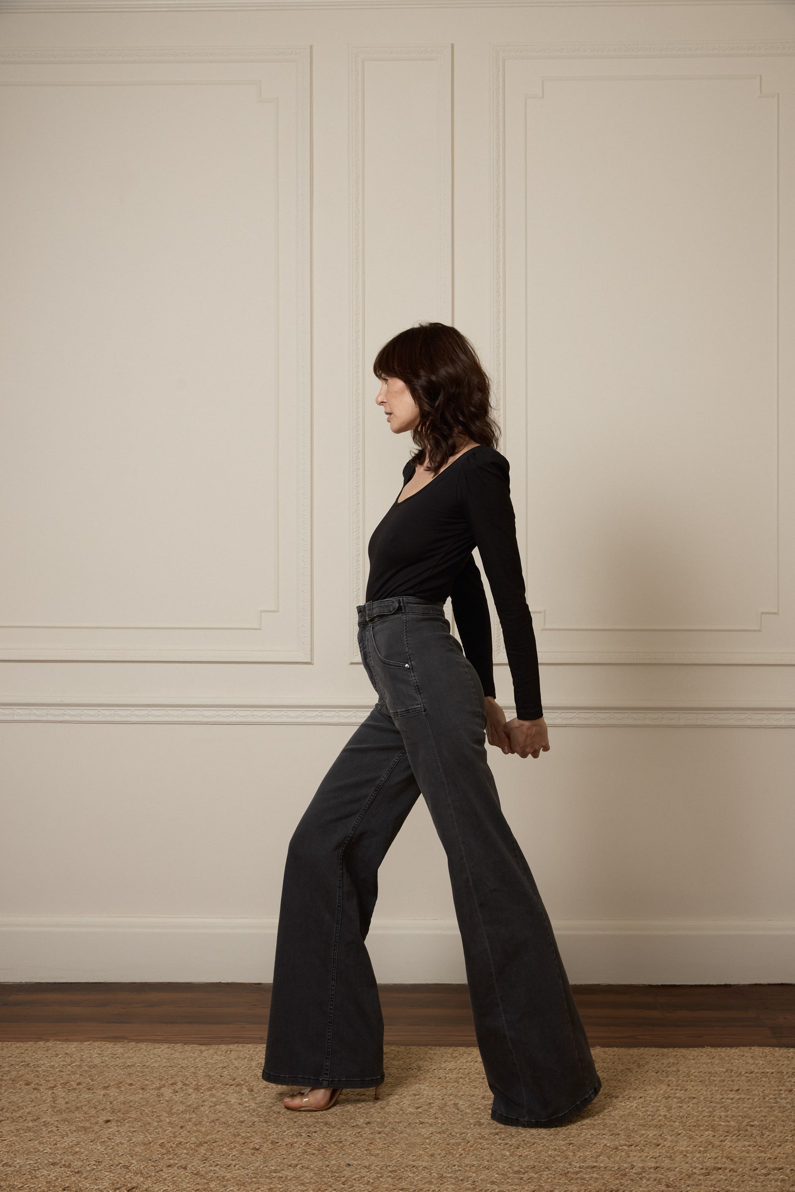 Minnie The High Top Full Length Wide Leg Flared Jeans | The Last Embers [Charcoal Grey]