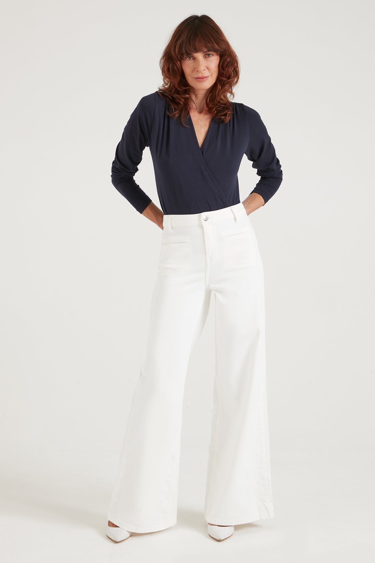 Joan The High Waisted Patch Pocket 70's Flare | Milk [White Denim]