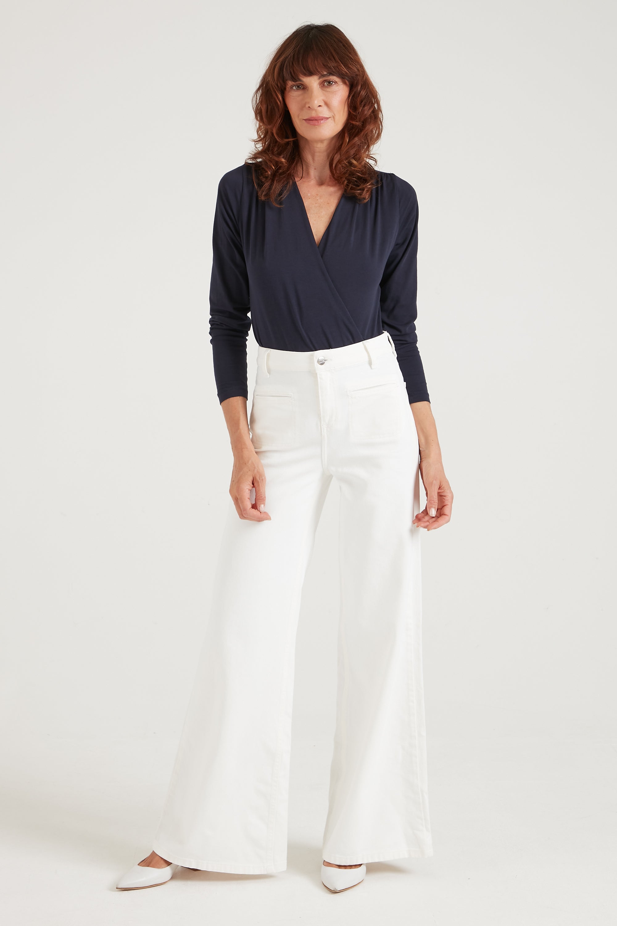 Joan The High Waisted Patch Pocket 70's Flare | Milk [White Denim]