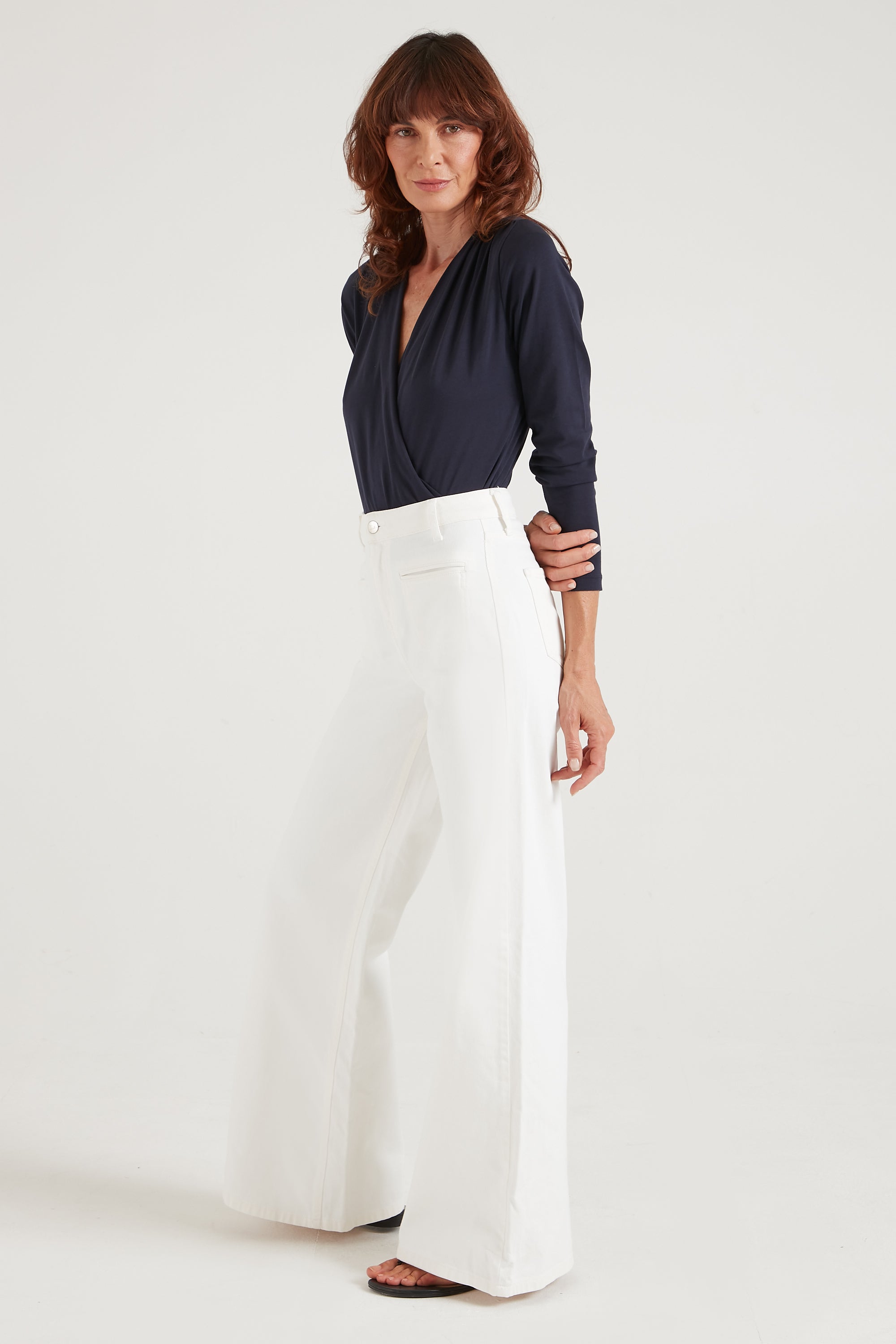 Joan The High Waisted Patch Pocket 70's Flare | Milk [White Denim]