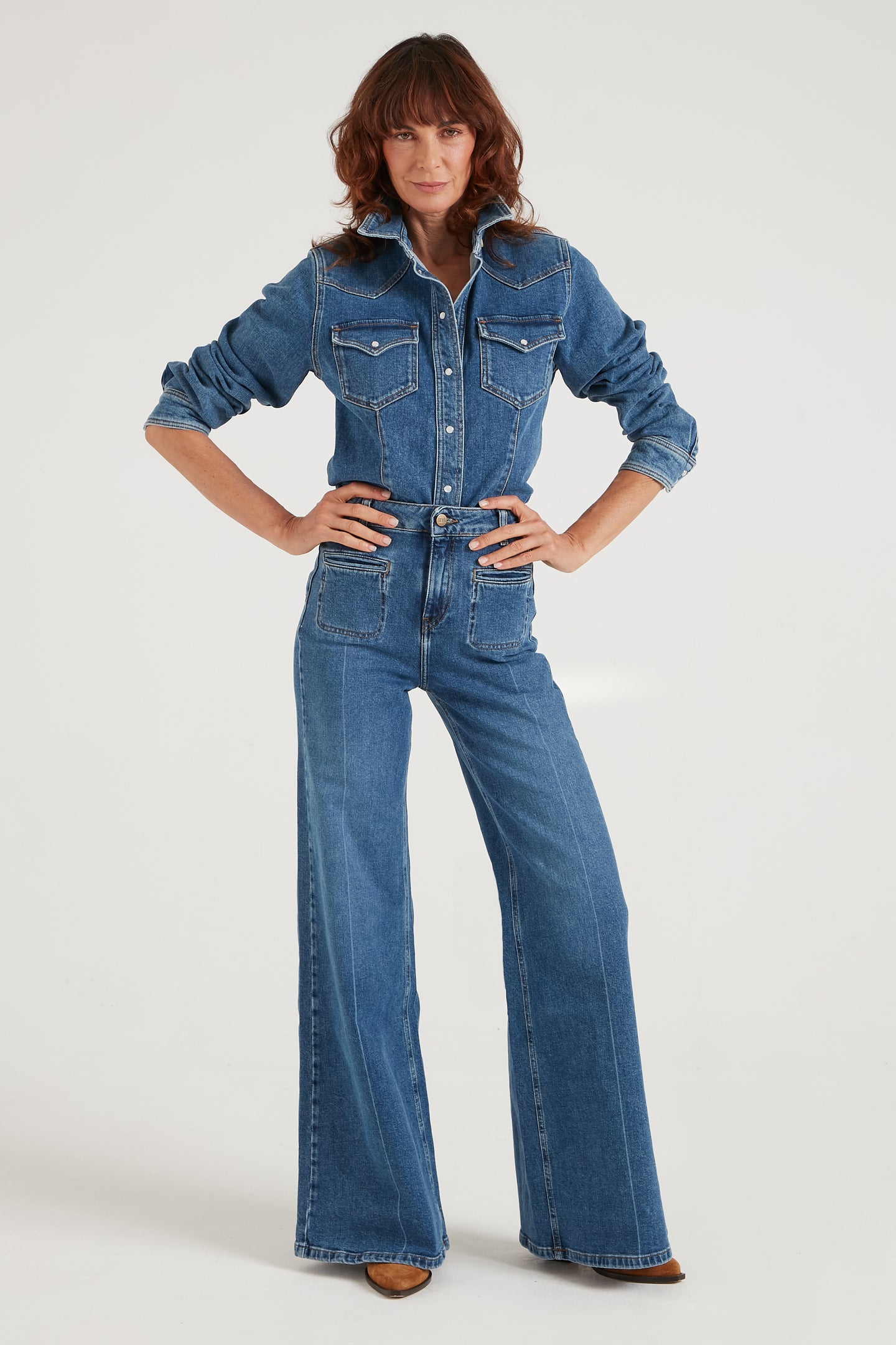 Joan The High Waisted Patch Pocket 70's Flare | My Side [Blue Denim]