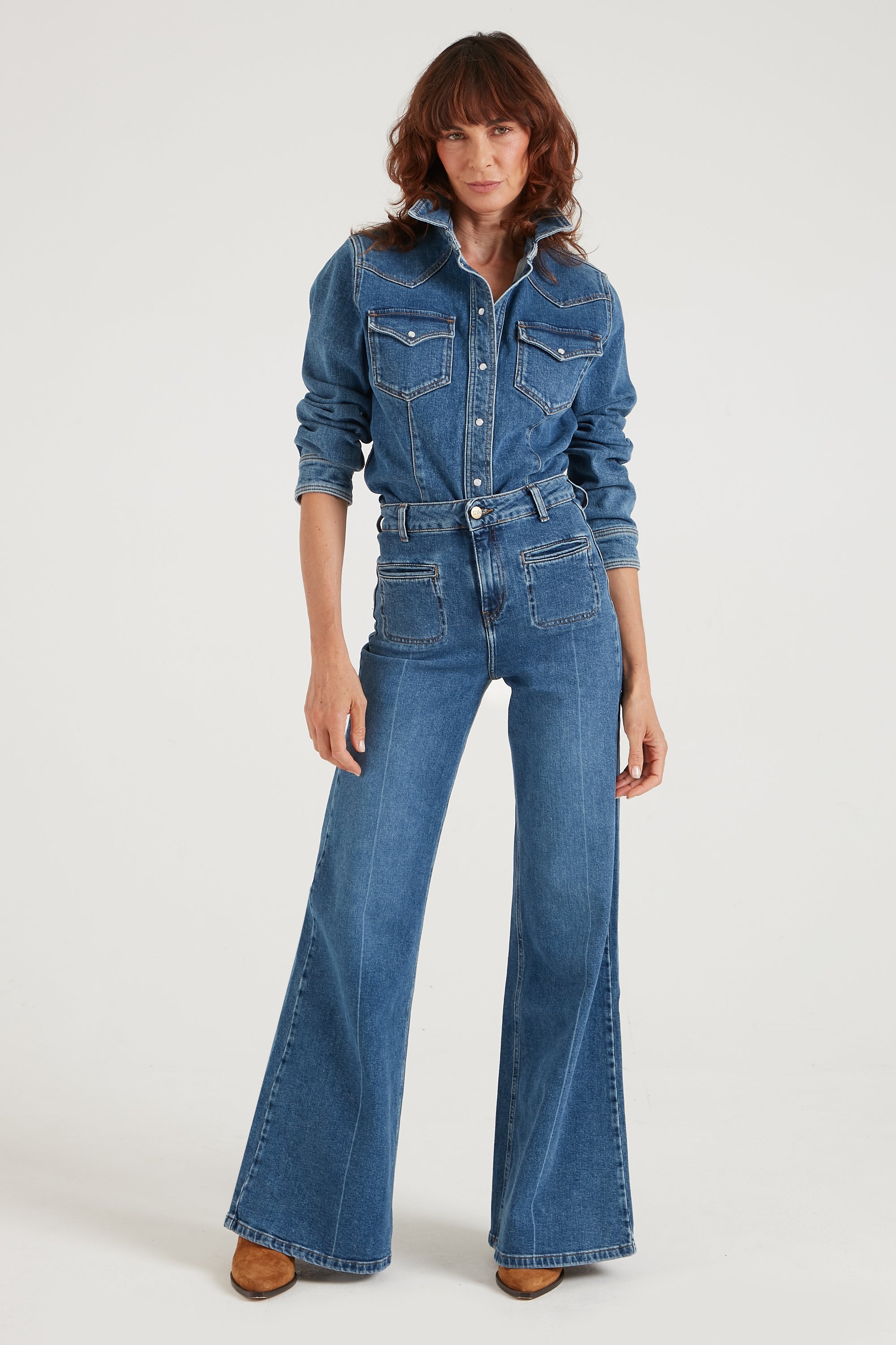 Joan The High Waisted Patch Pocket 70's Flare | My Side [Blue Denim]