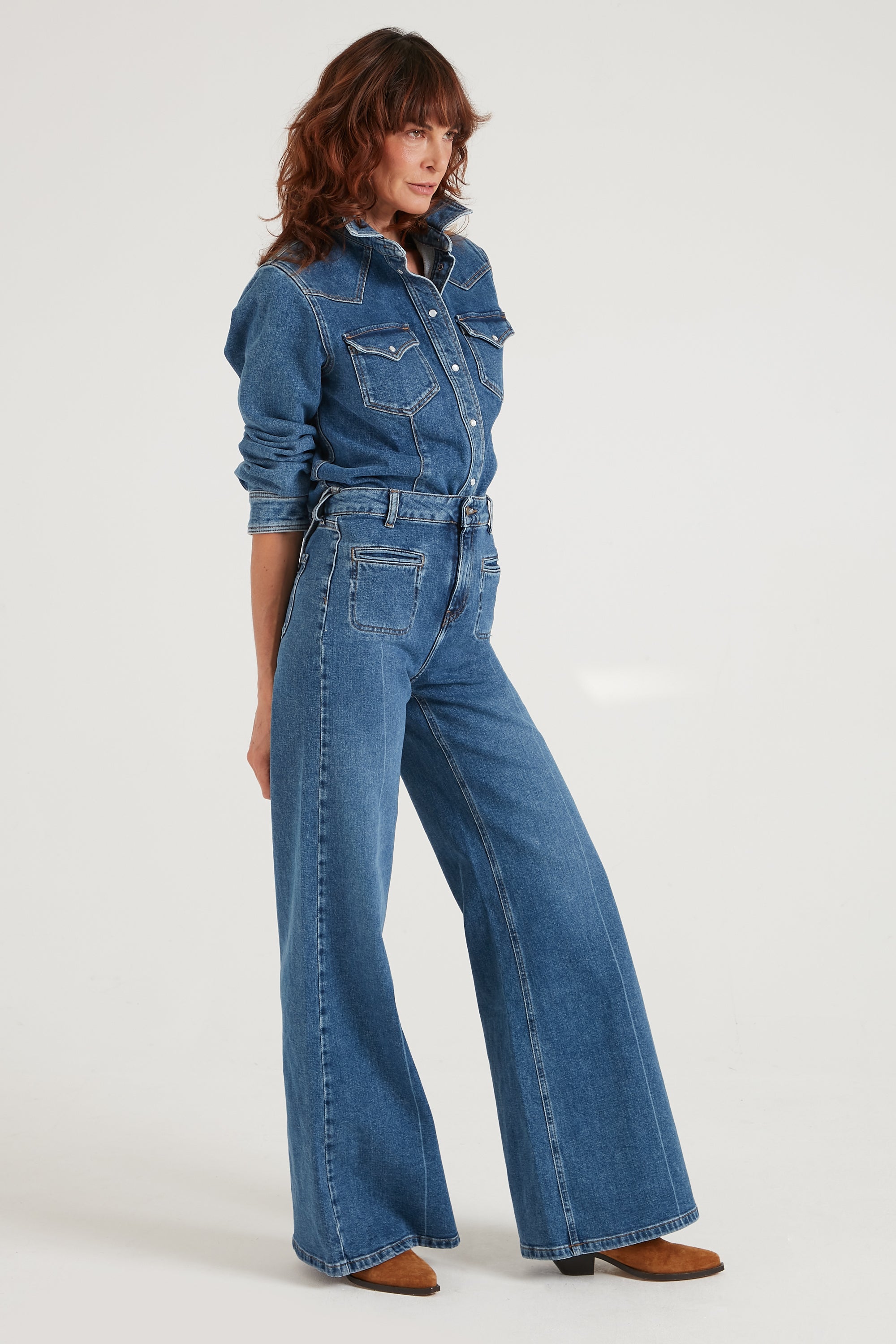 Joan The High Waisted Patch Pocket 70's Flare | My Side [Blue Denim]
