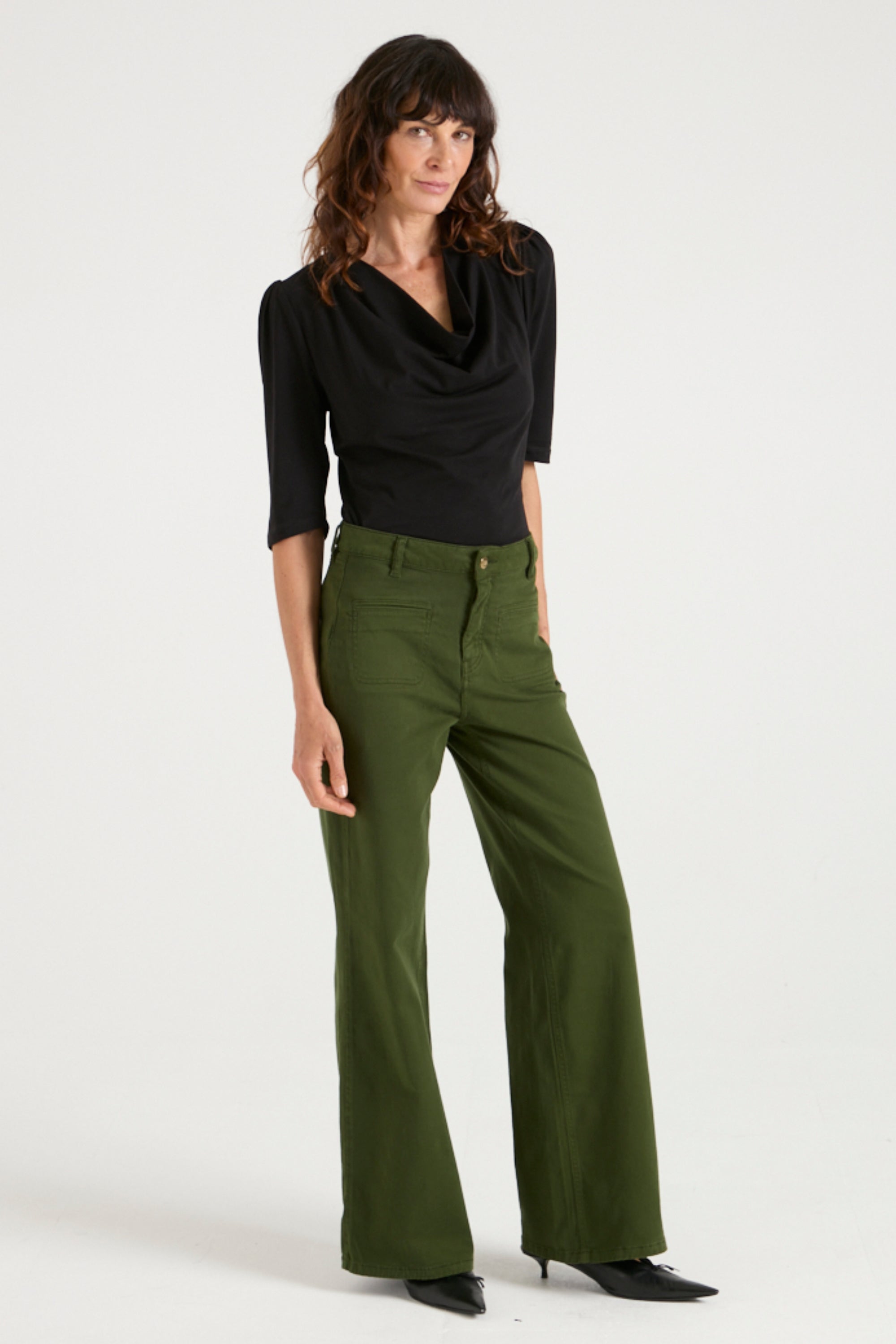 Kate The High Top Patch Pocket Relaxed Wide Leg | Deep Olive [Green Denim]