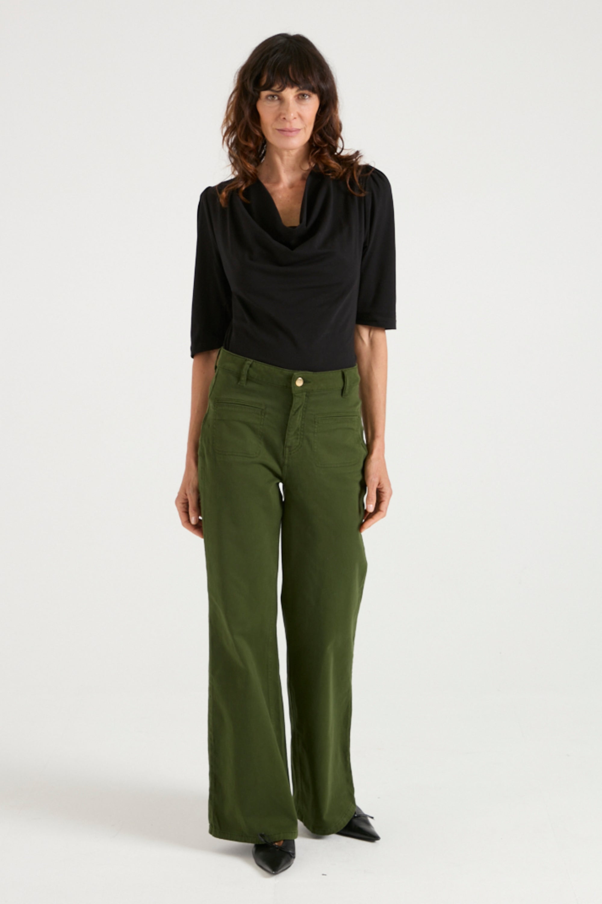 Kate The High Top Patch Pocket Relaxed Wide Leg | Deep Olive [Green Denim]