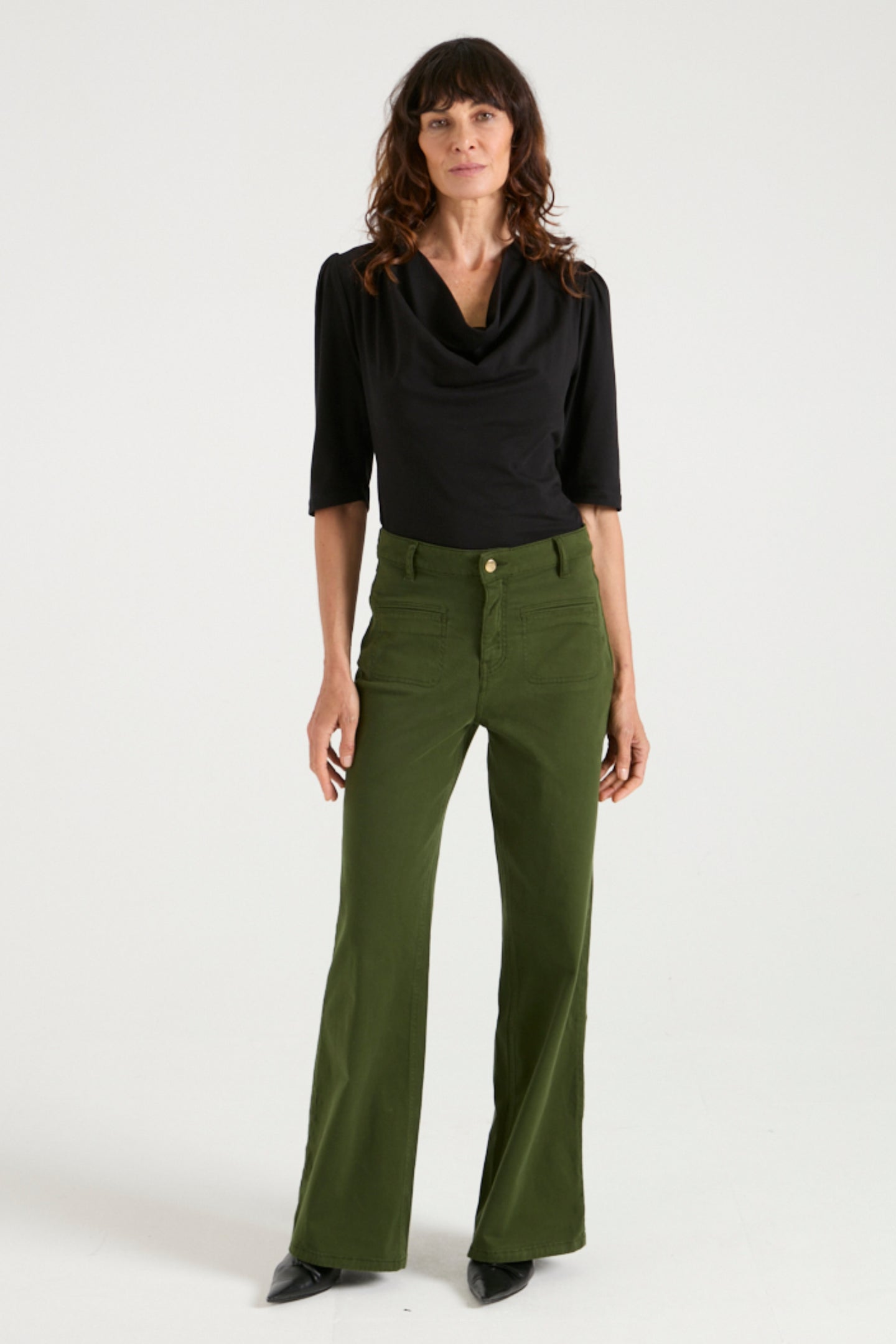Kate The High Top Patch Pocket Relaxed Wide Leg | Deep Olive [Green Denim]