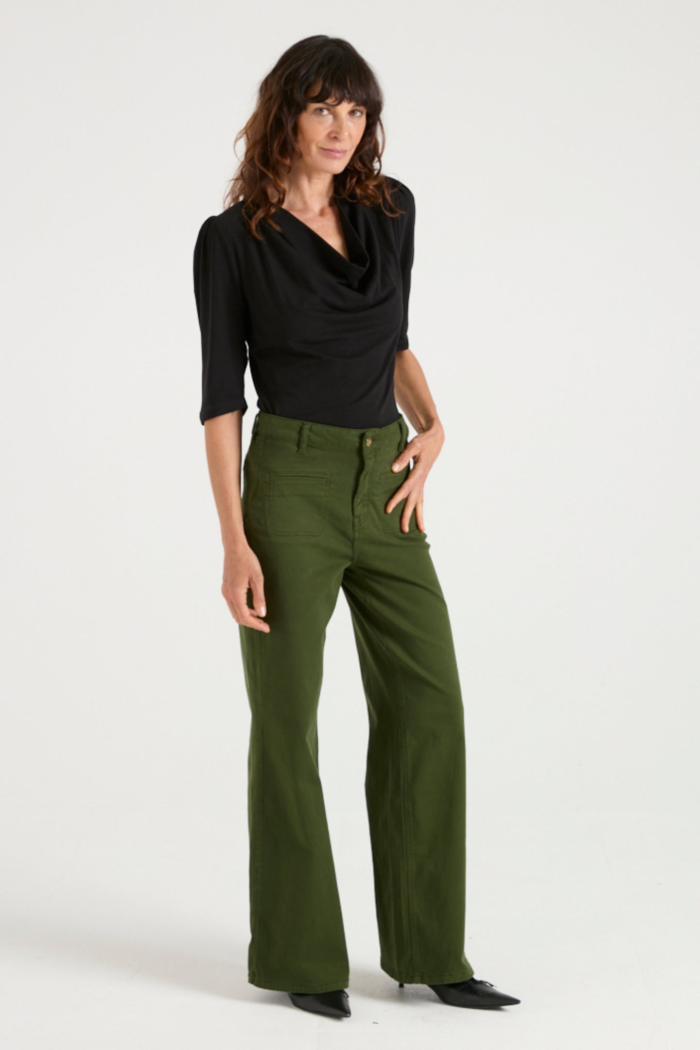 Kate The High Top Patch Pocket Relaxed Wide Leg | Deep Olive [Green Denim]