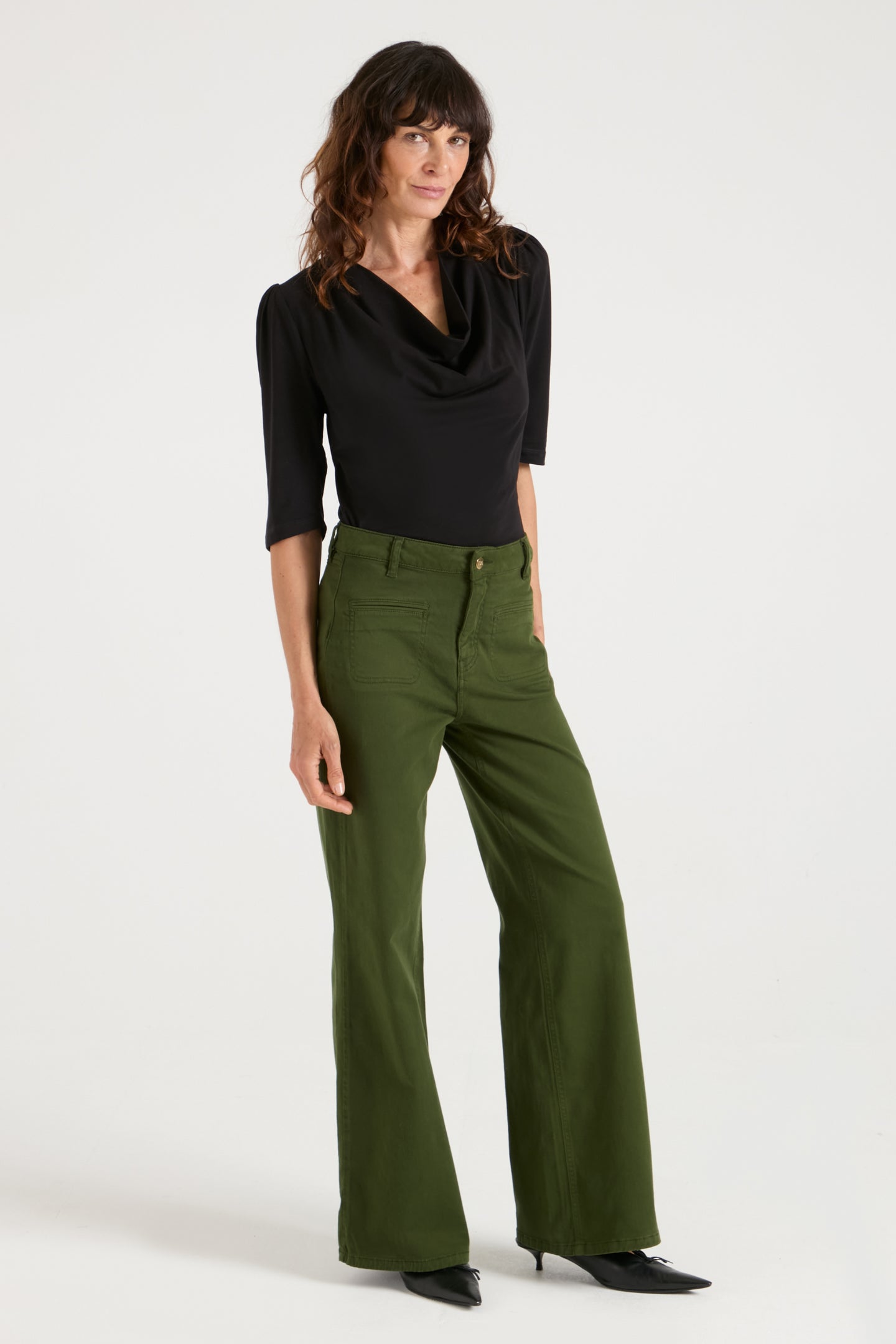 Kate The High Top Patch Pocket Relaxed Wide Leg | Deep Olive [Green Denim]