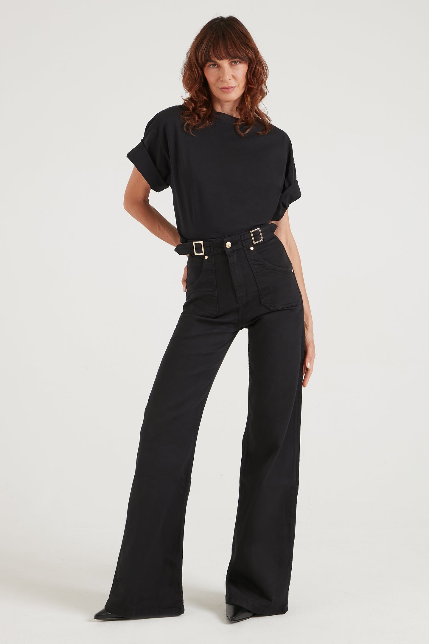 Minnie The High Top Full Length Wide Leg Flared Jeans | Blackest [Black Denim]