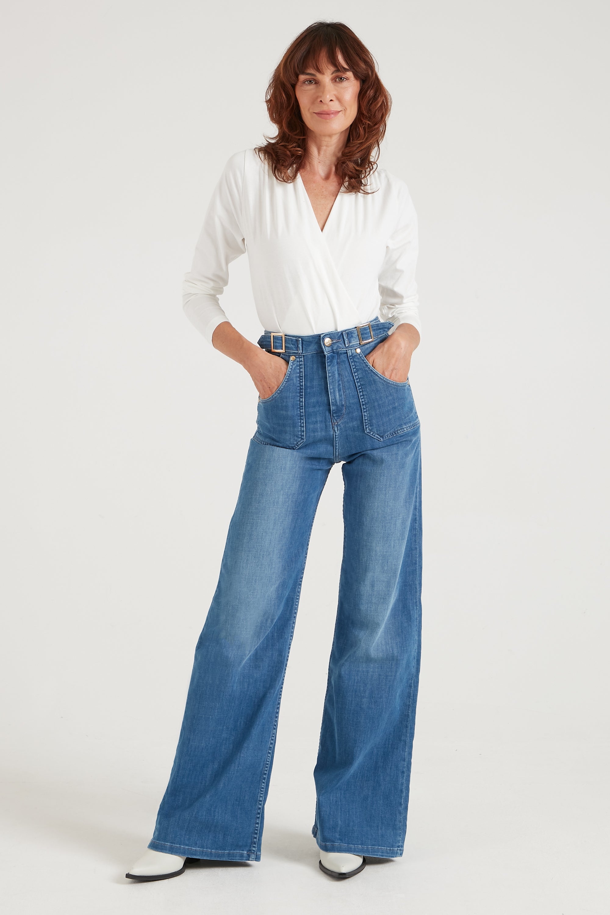 Minnie The High Top Full Length Wide Leg Flared Jeans | Lazy Afternoon [Classic Blue Denim]
