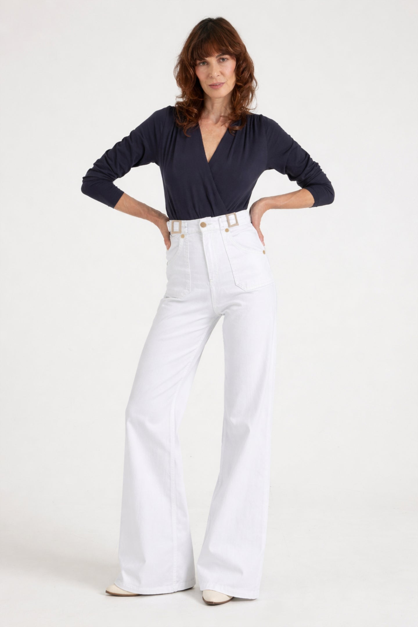 Minnie The High Top Full Length Wide Leg Flared Jeans | Milk [White Denim]