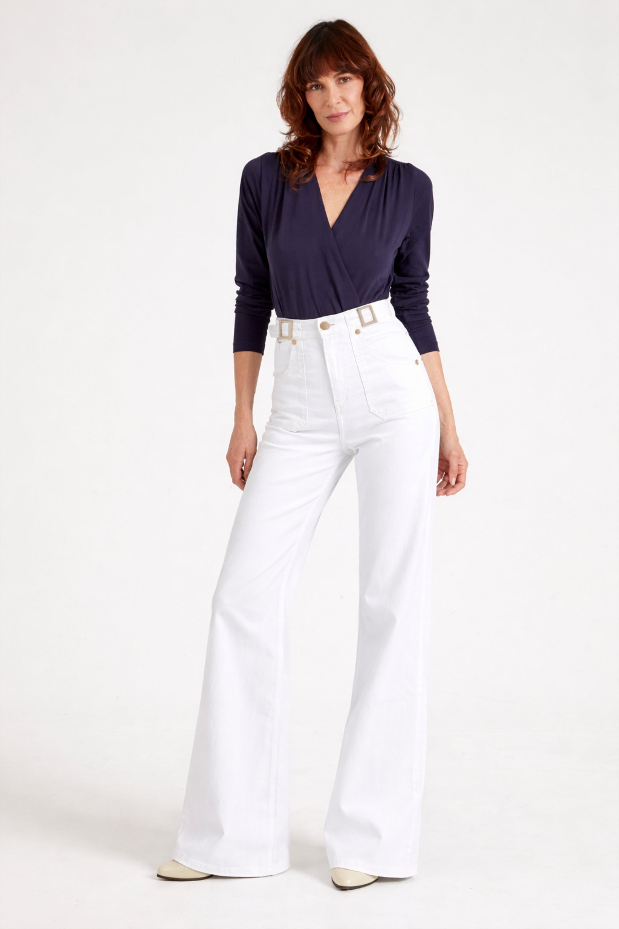 Minnie The High Top Full Length Wide Leg Flared Jeans | Milk [White Denim]