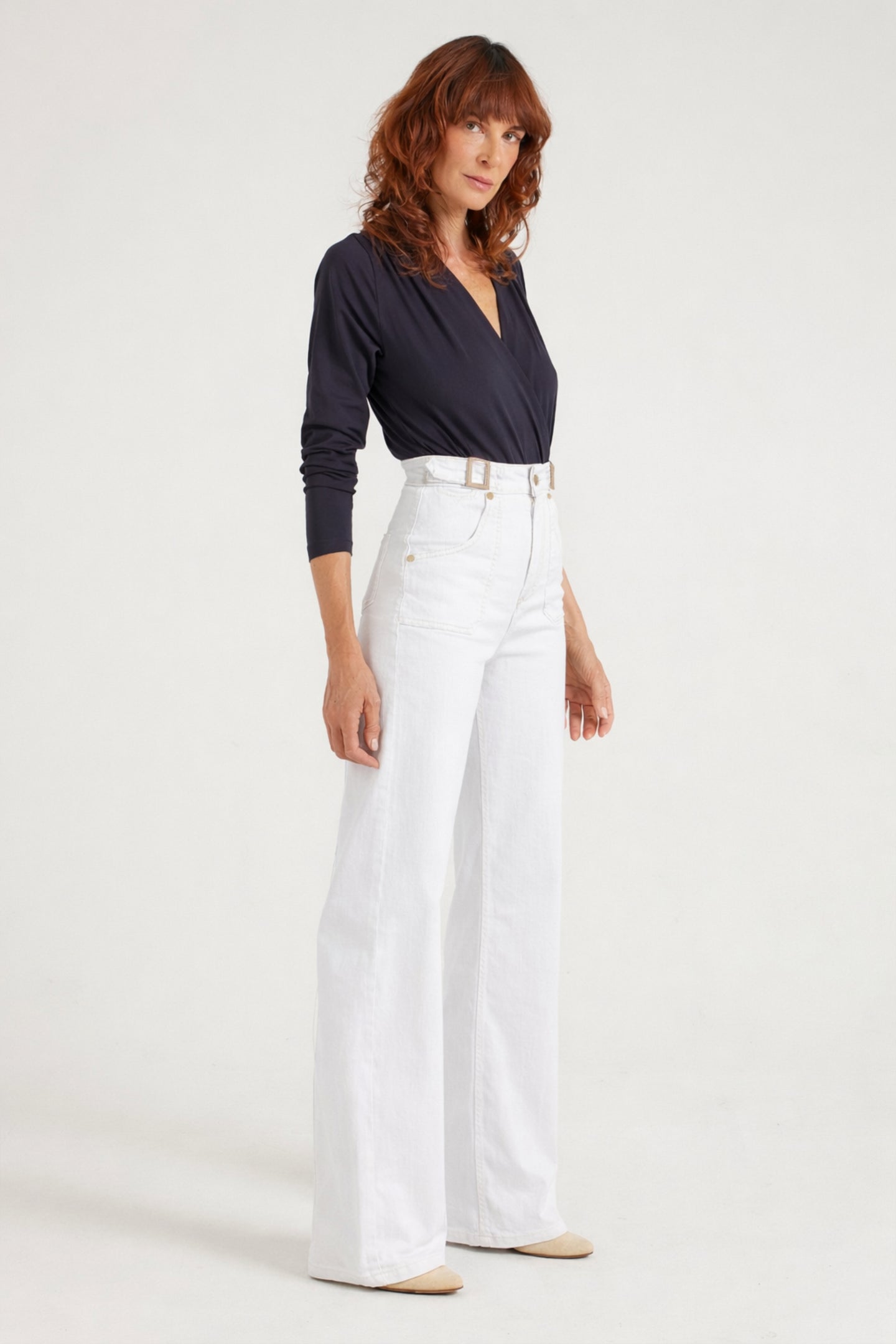 Minnie The High Top Full Length Wide Leg Flared Jeans | Milk [White Denim]