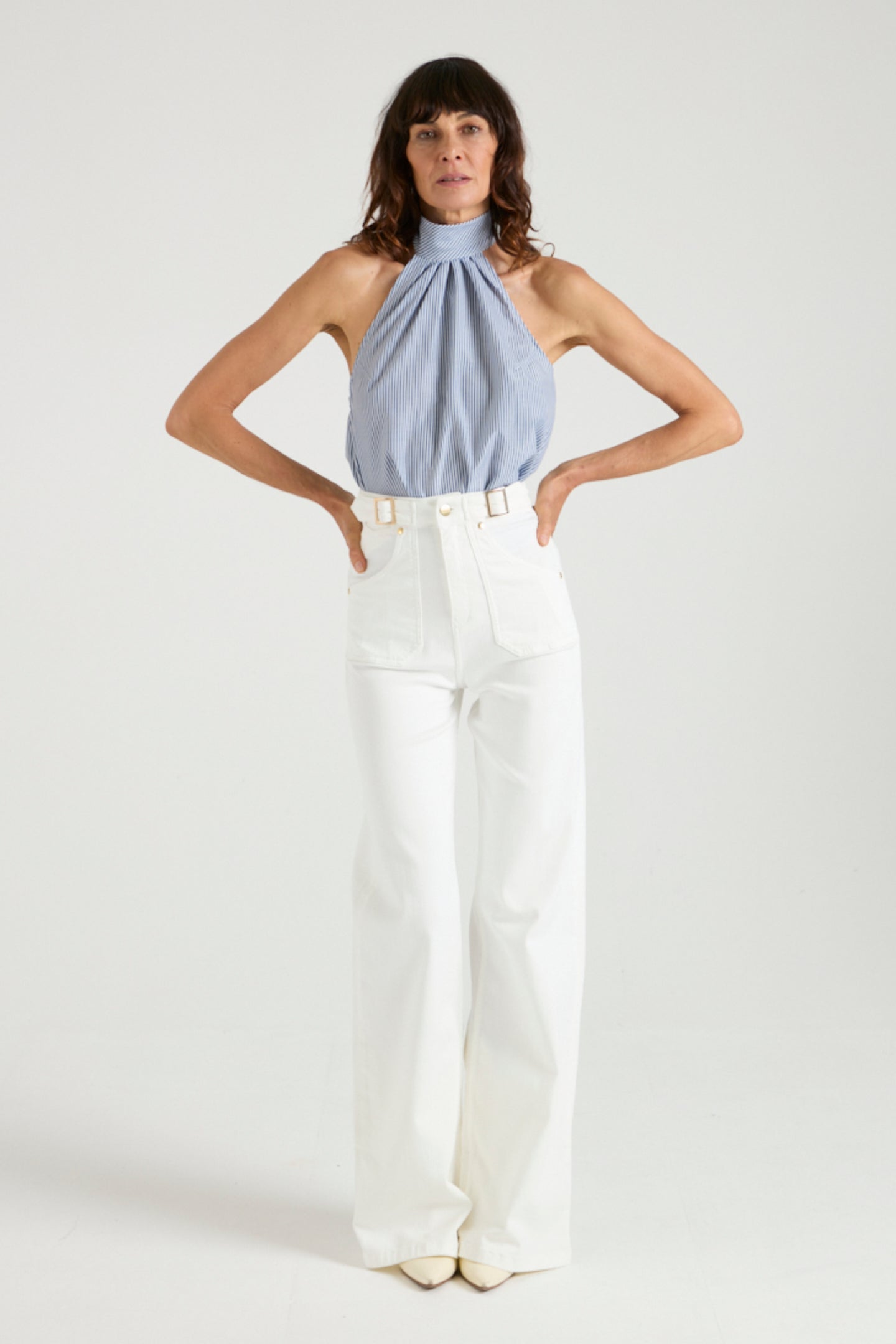 Minnie The High Top Full Length Wide Leg Flared Jeans | Milk [White Denim]