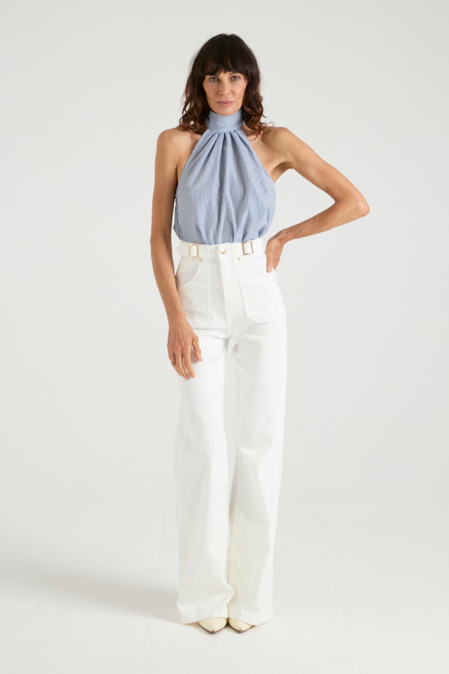 Minnie The High Top Full Length Wide Leg Flared Jeans | Milk [White Denim]