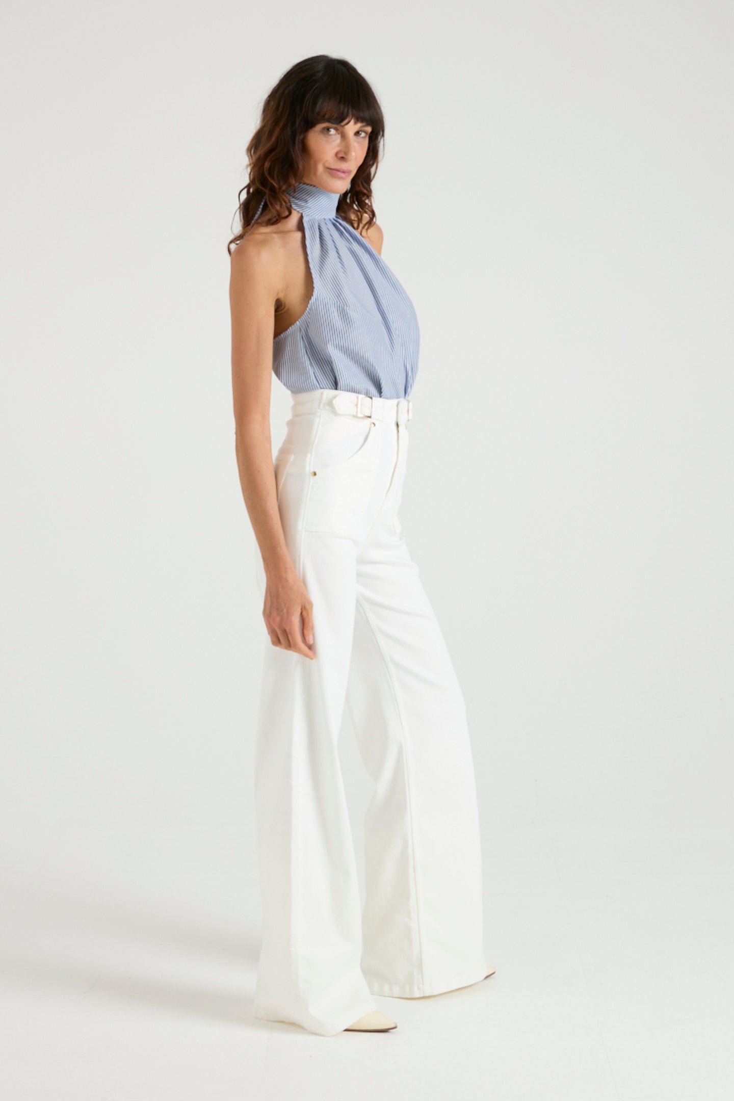 Minnie The High Top Full Length Wide Leg Flared Jeans | Milk [White Denim]