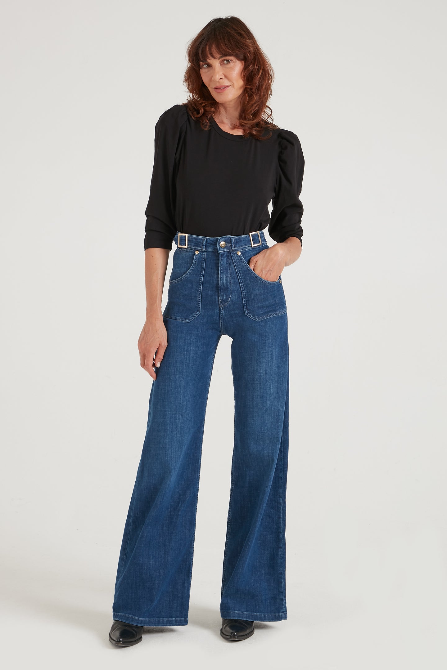 Minnie The High Top Full Length Wide Leg Flared Jeans | Moonlit Morning [Mid Wash Denim]