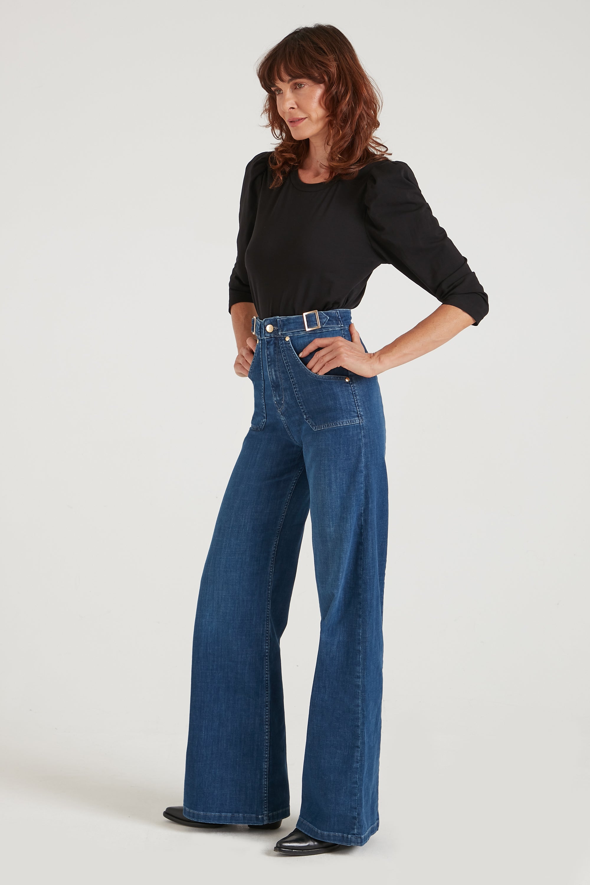 Minnie The High Top Full Length Wide Leg Flared Jeans | Moonlit Morning [Mid Wash Denim]