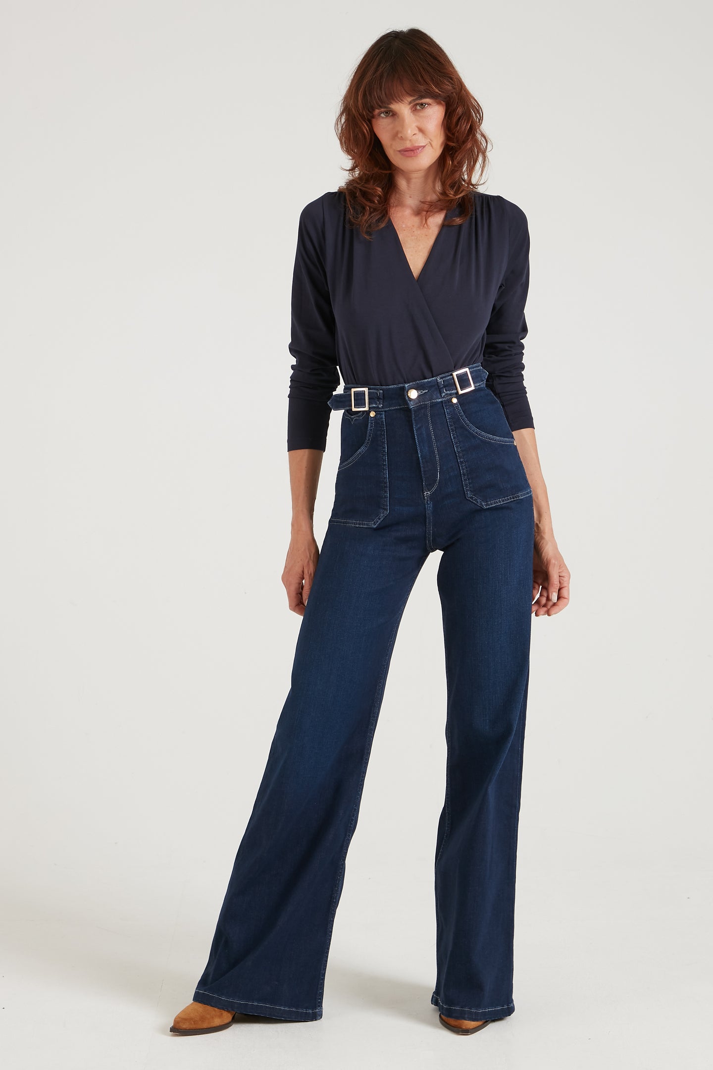 Minnie The High Top Full Length Wide Leg Flared Jeans | Working Girl [Dark Wash Denim]