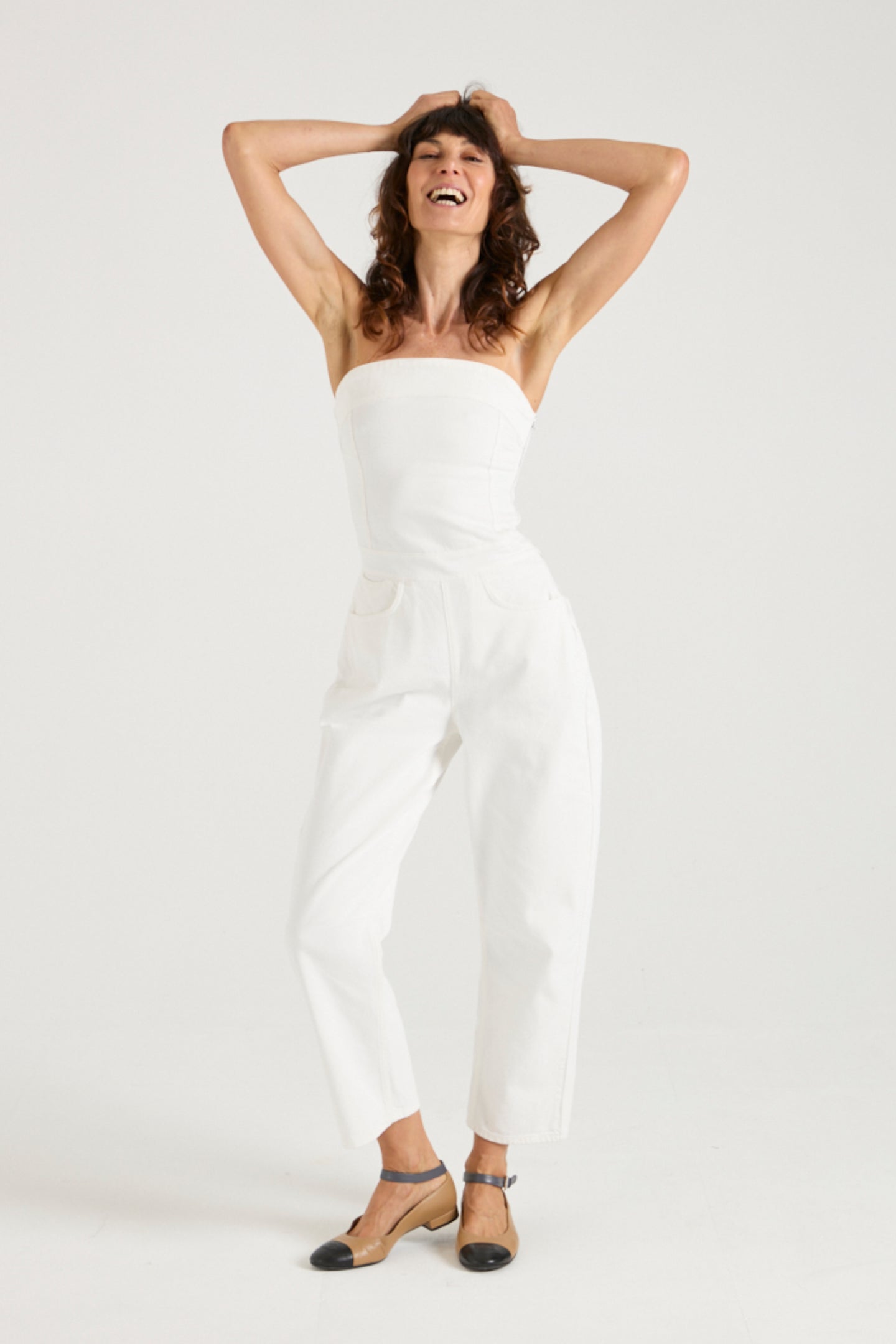 Nell The Strapless Barrel Leg Jumpsuit | Milk [White Denim]