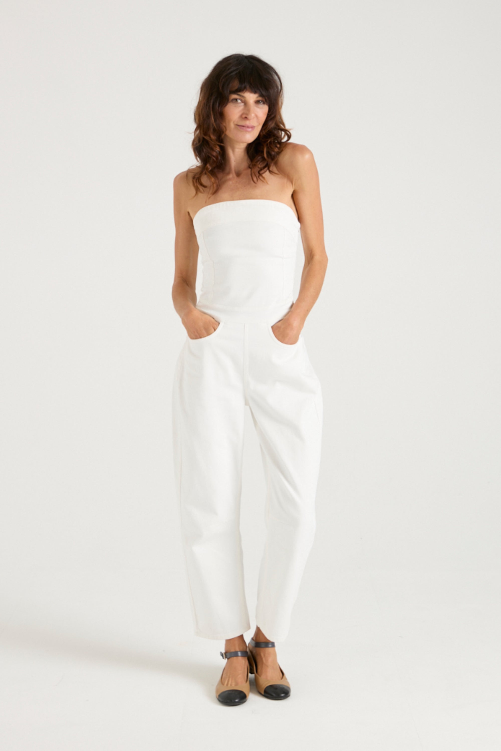Nell The Strapless Barrel Leg Jumpsuit | Milk [White Denim]