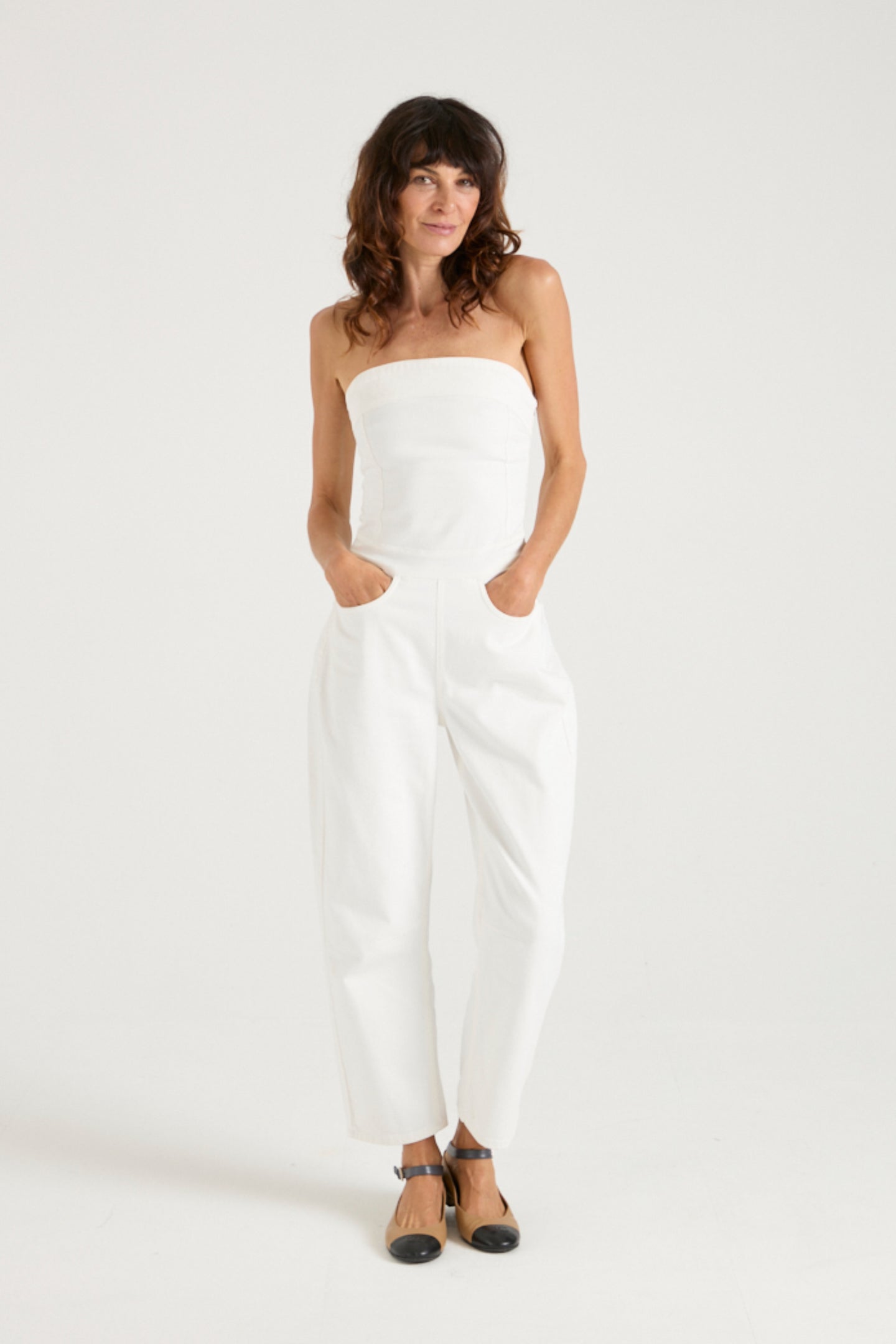 Nell The Strapless Barrel Leg Jumpsuit | Milk [White Denim]