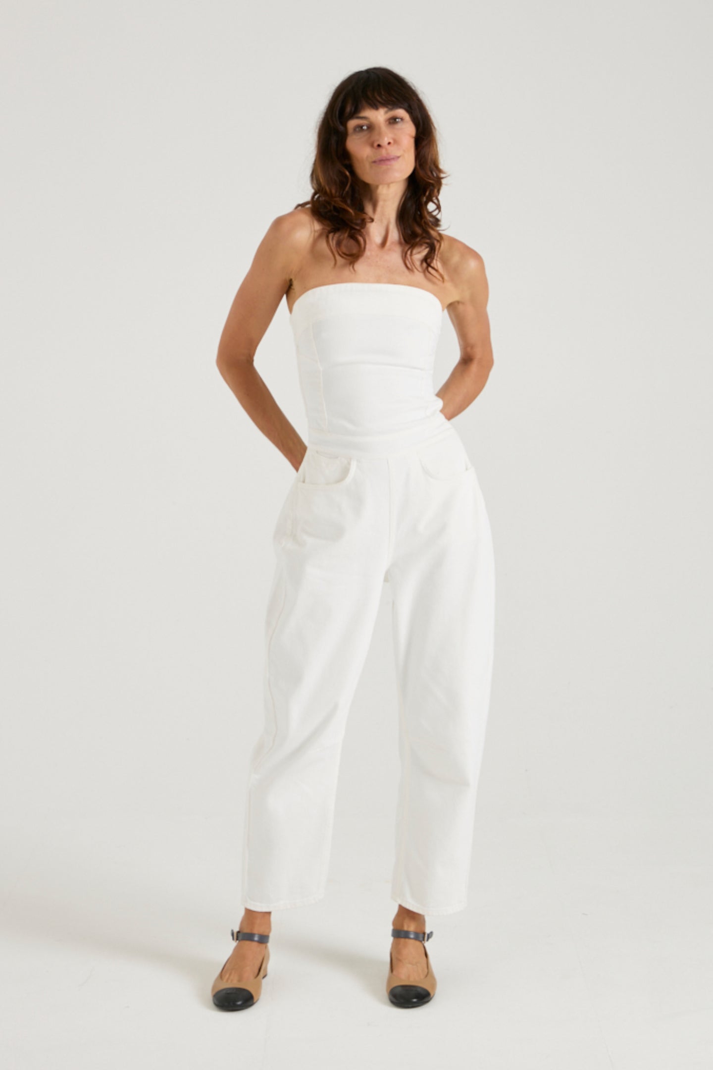 Nell The Strapless Barrel Leg Jumpsuit | Milk [White Denim]