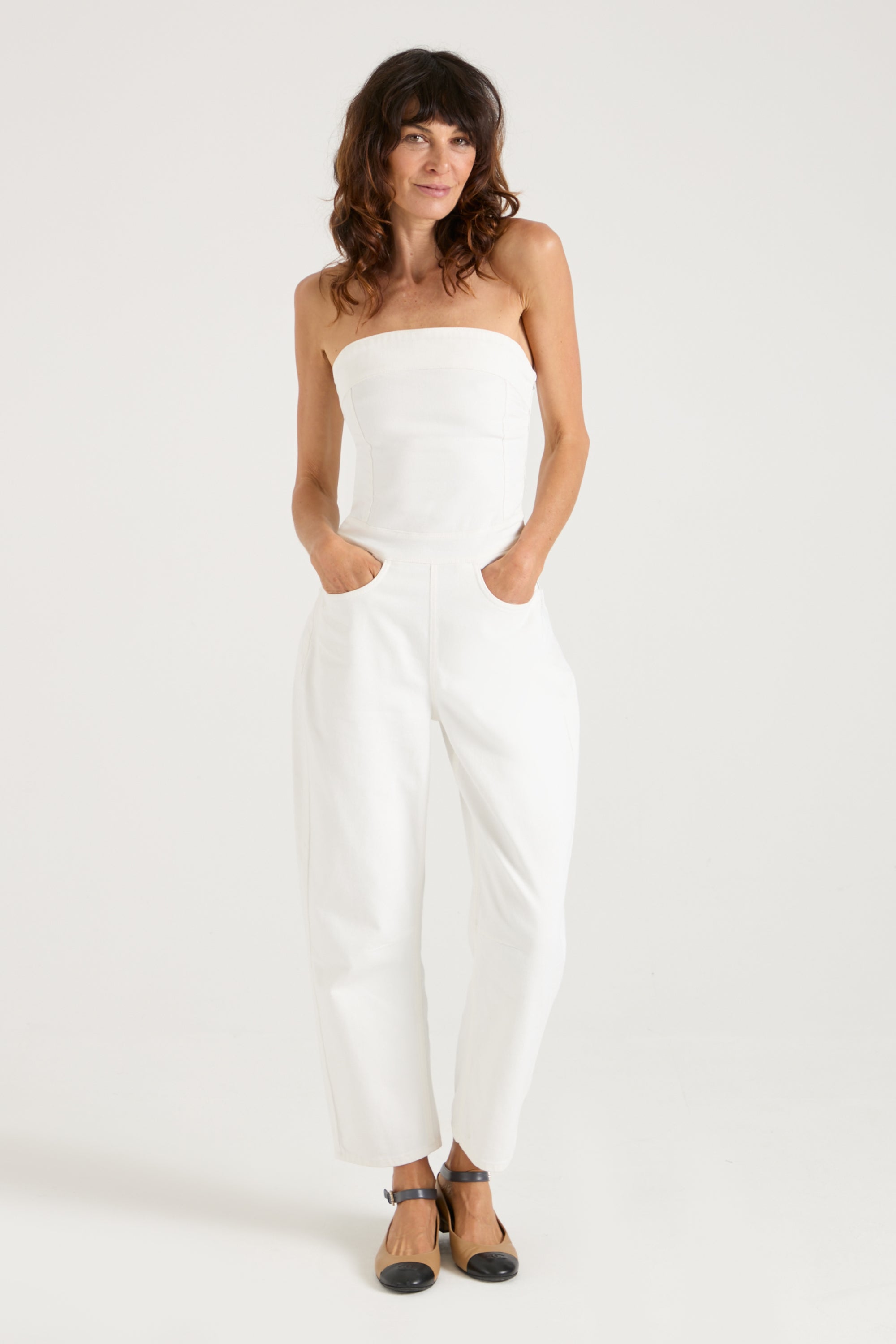 Nell The Strapless Barrel Leg Jumpsuit | Milk [White Denim]