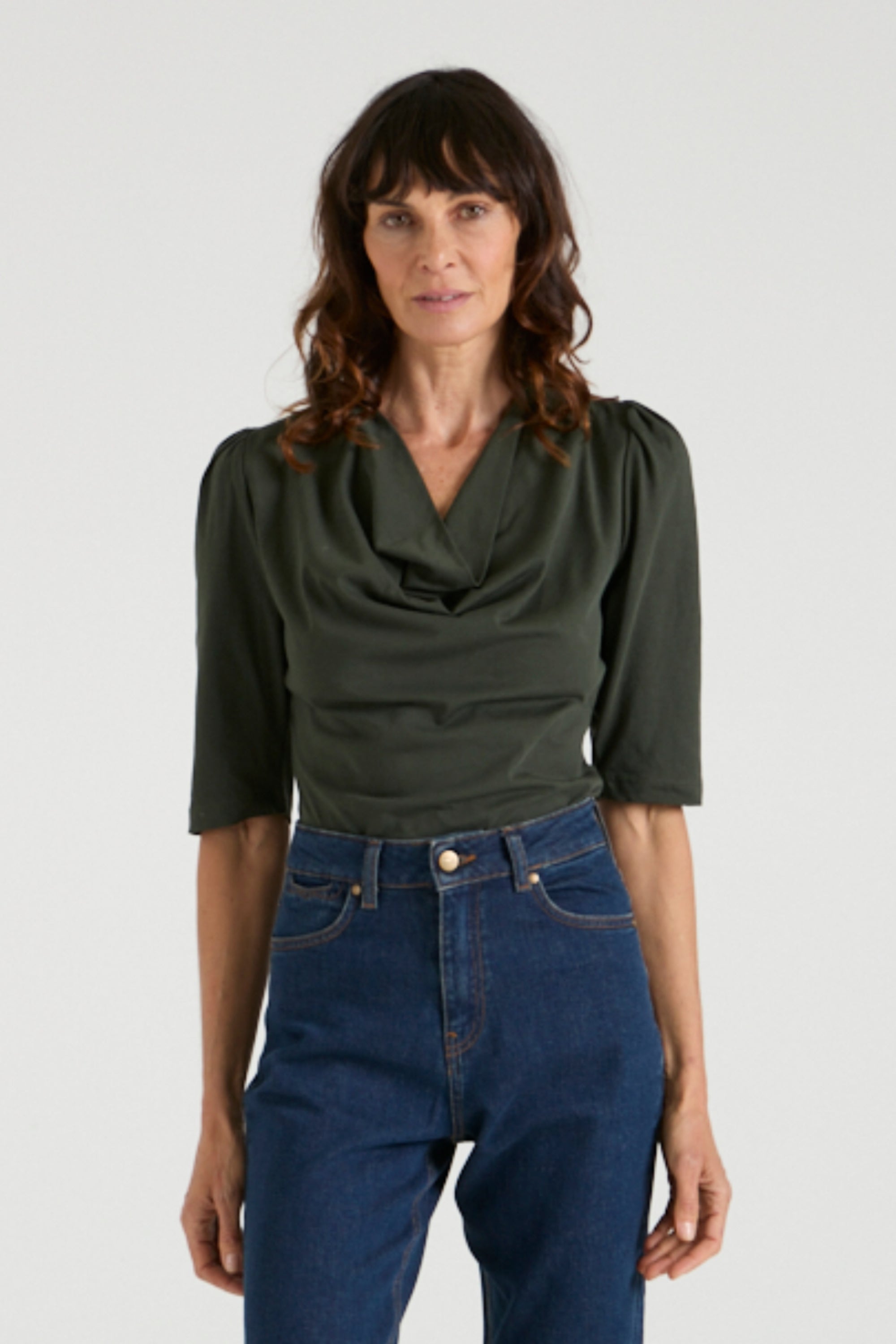 Fiona The Puff Sleeve Cowl Neck Tee | Deep Forest [Dark Green]