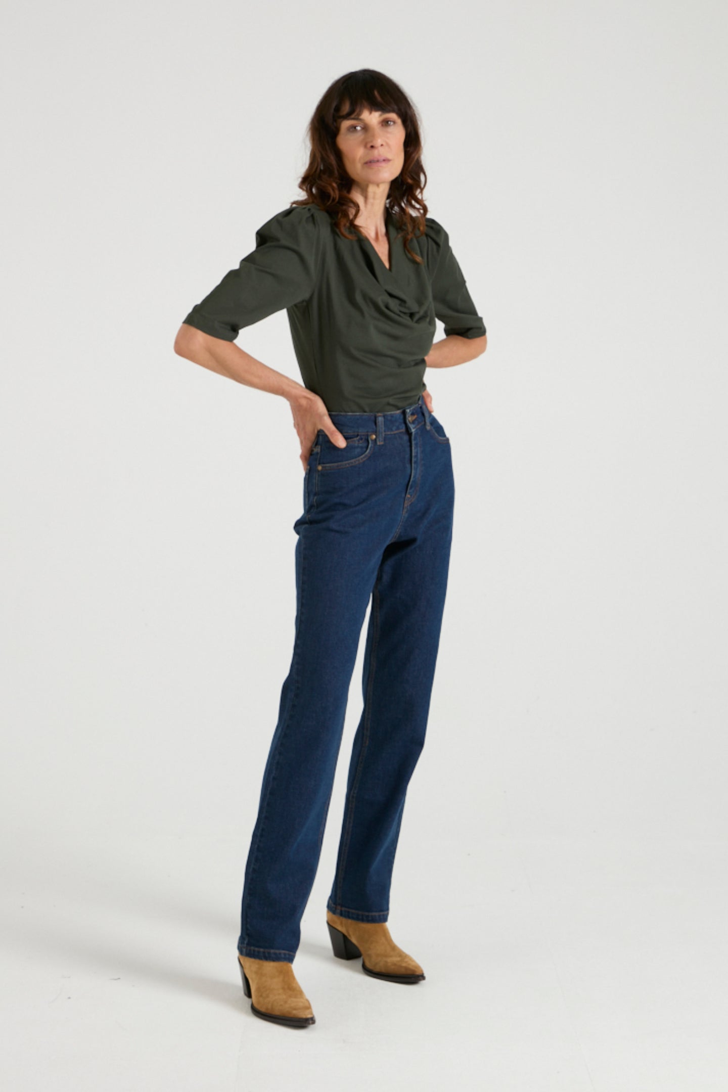 Fiona The Puff Sleeve Cowl Neck Tee | Deep Forest [Dark Green]