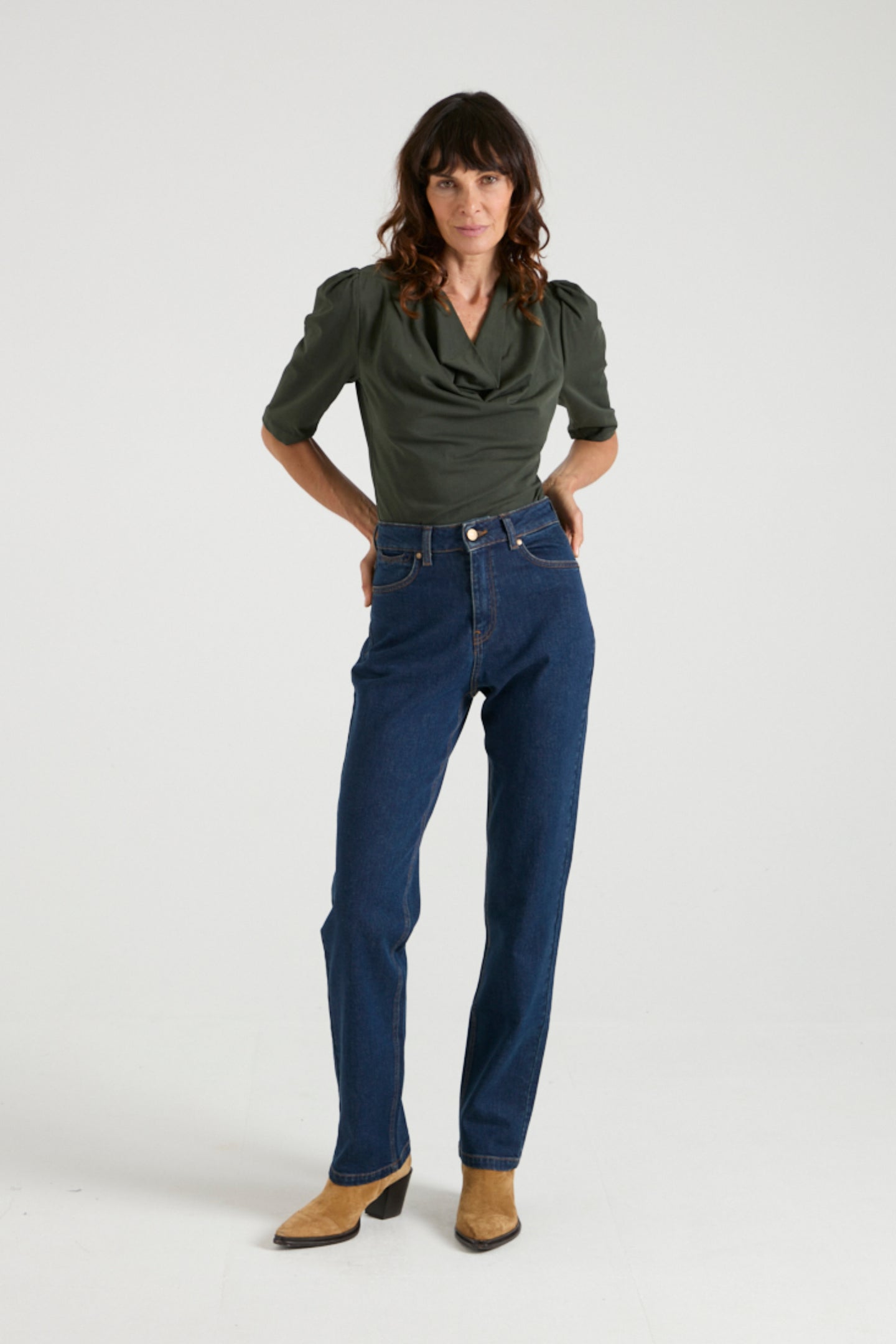 Fiona The Puff Sleeve Cowl Neck Tee | Deep Forest [Dark Green]