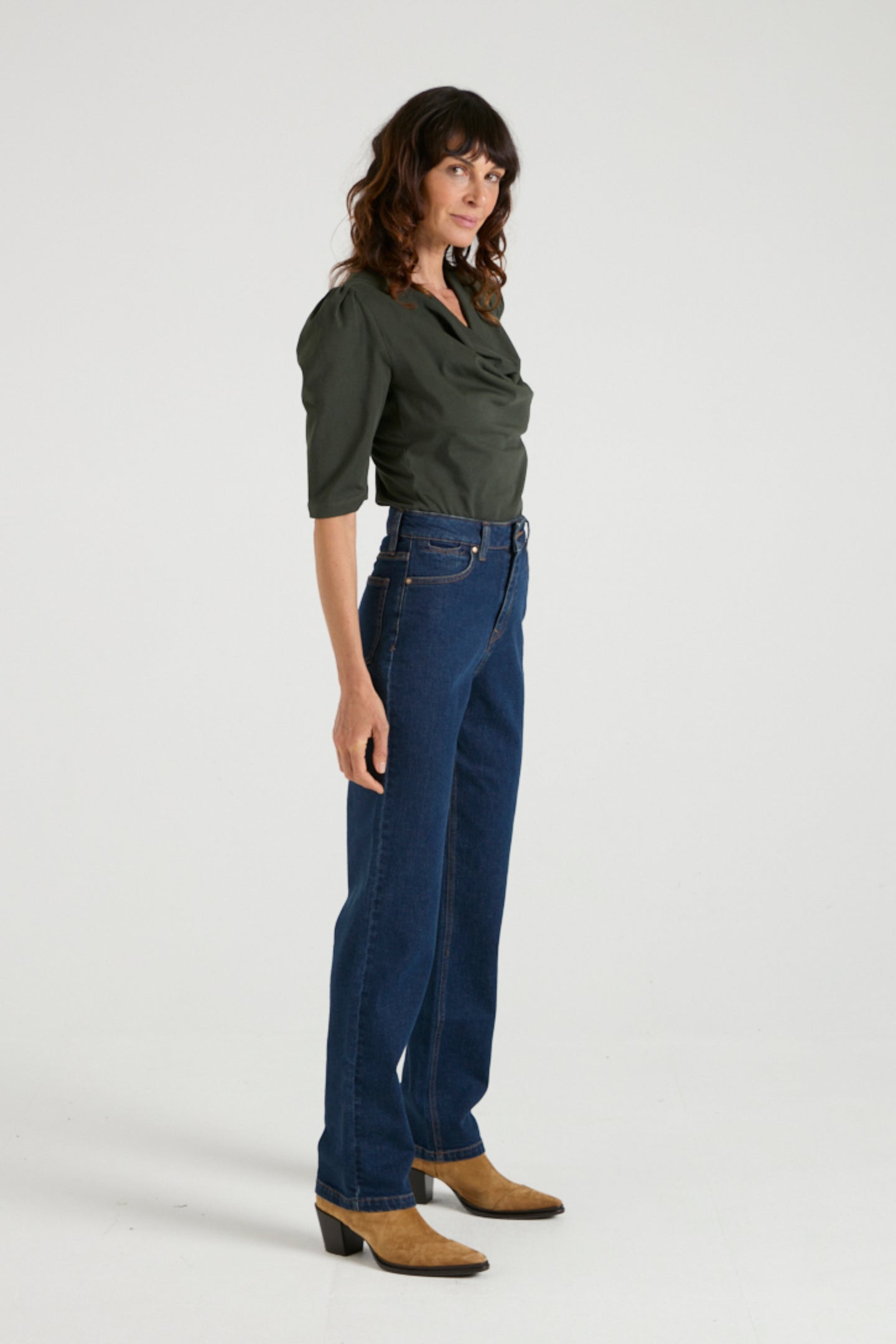 Fiona The Puff Sleeve Cowl Neck Tee | Deep Forest [Dark Green]