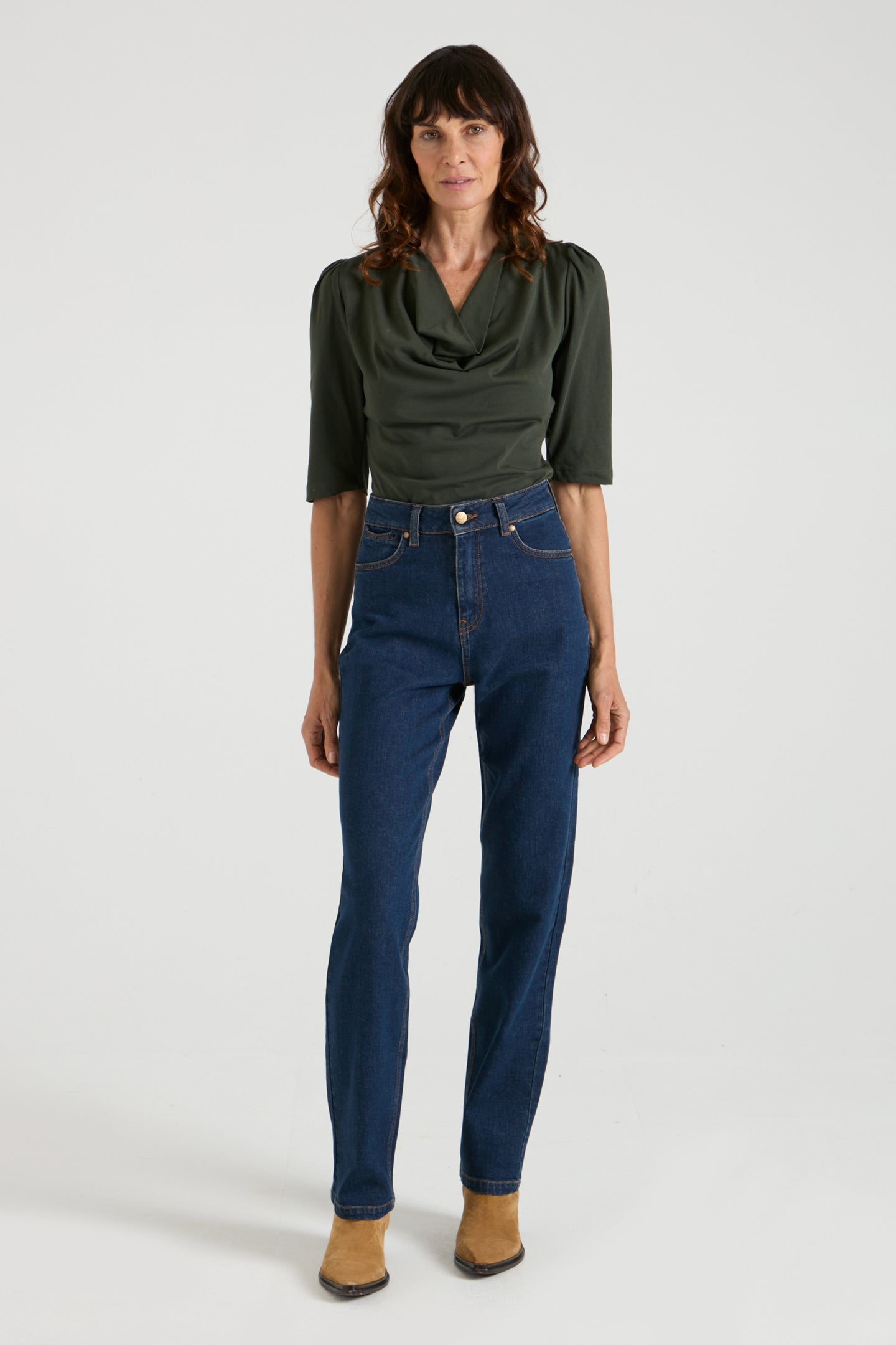 The Fiona Tee The Puff Sleeve Cowl Neck Tee | Forest [Dark Green]